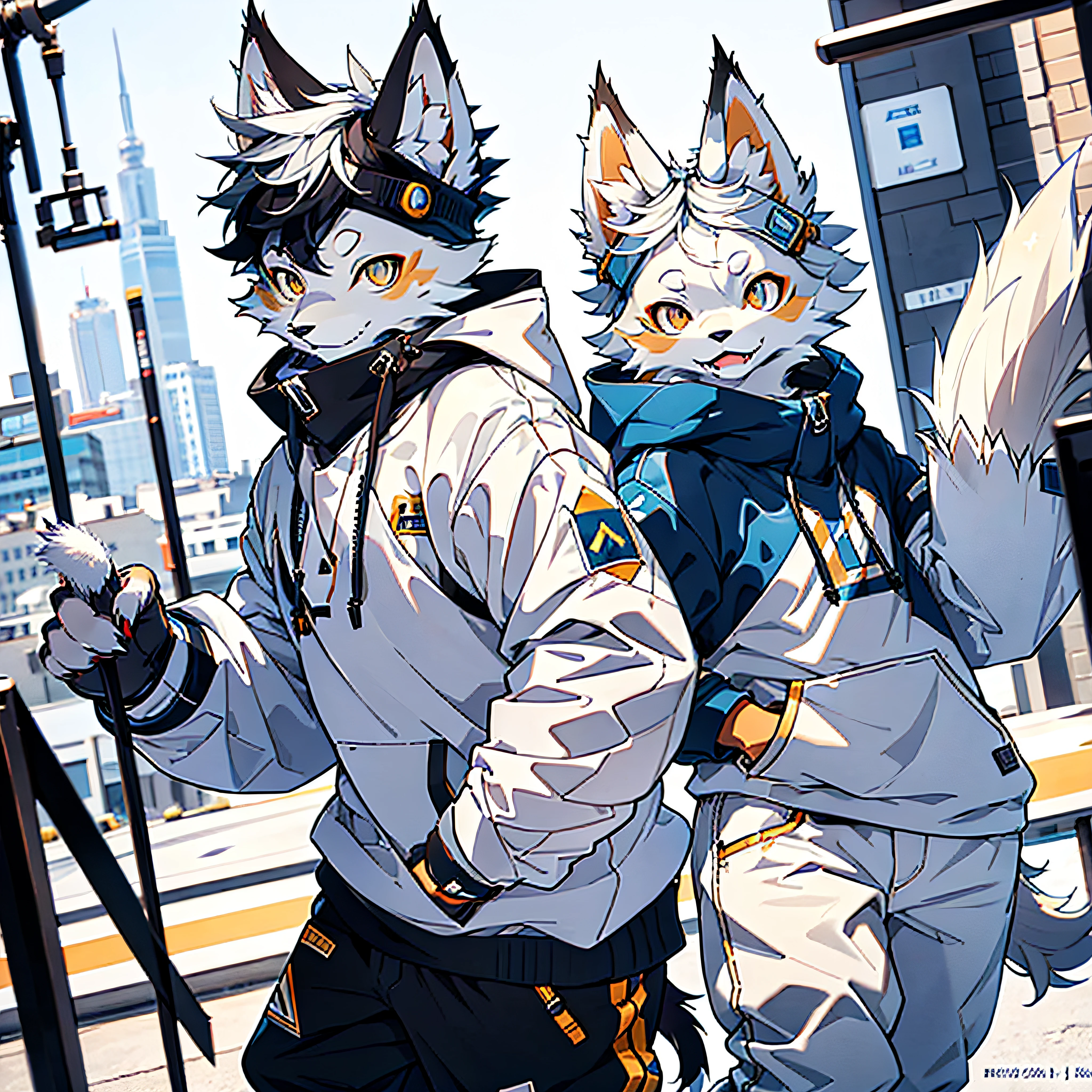 furry, furry, gray fur, male, canine, arctic fox, single, sharp claws, detailed fur, golden eyes, fluffy tail, blue sweatshirt, white jeans, super detailed: 1.0, city street, detailed background