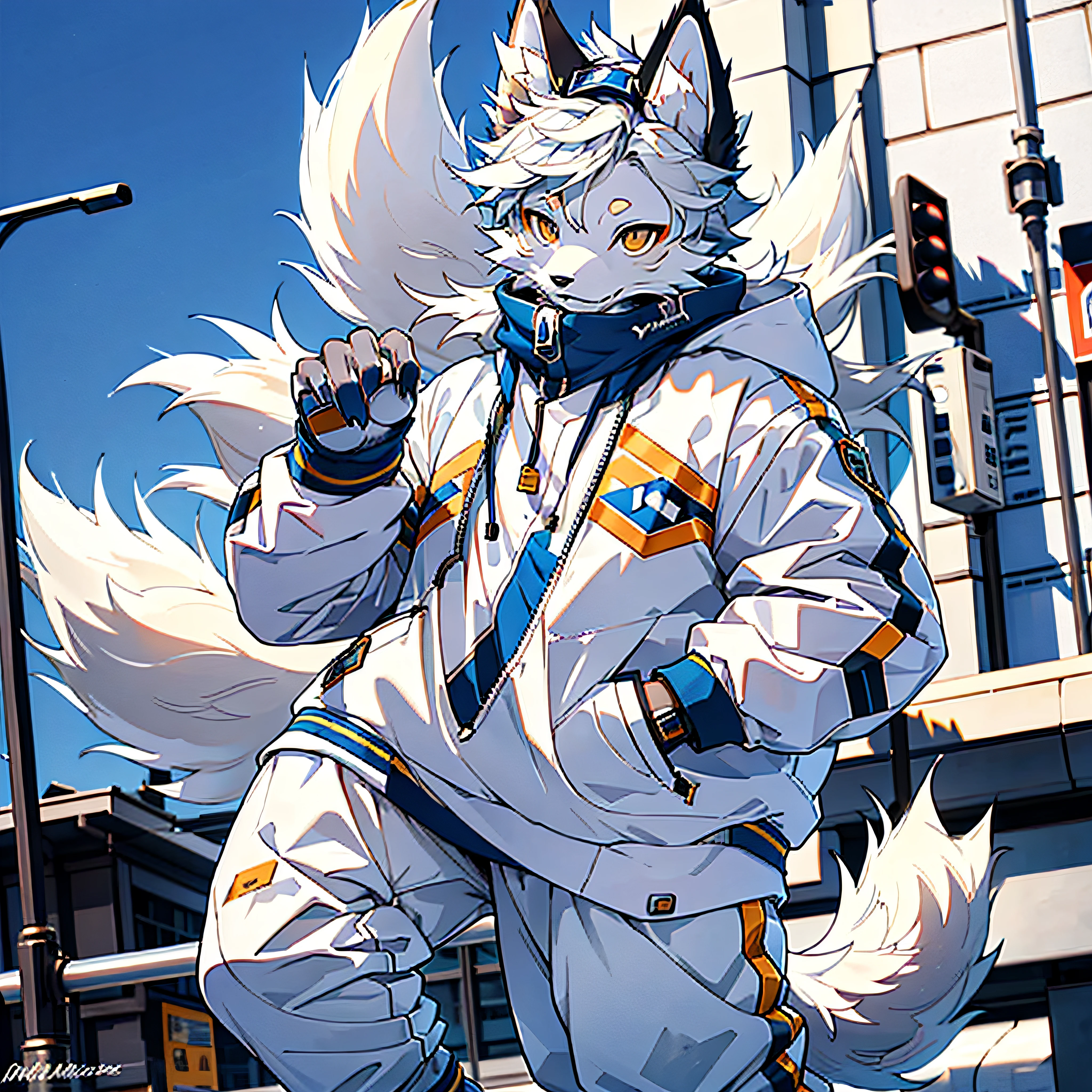 furry, furry, gray fur, male, canine, arctic fox, single, sharp claws, detailed fur, golden eyes, fluffy tail, blue sweatshirt, white jeans, super detailed: 1.0, city street, detailed background