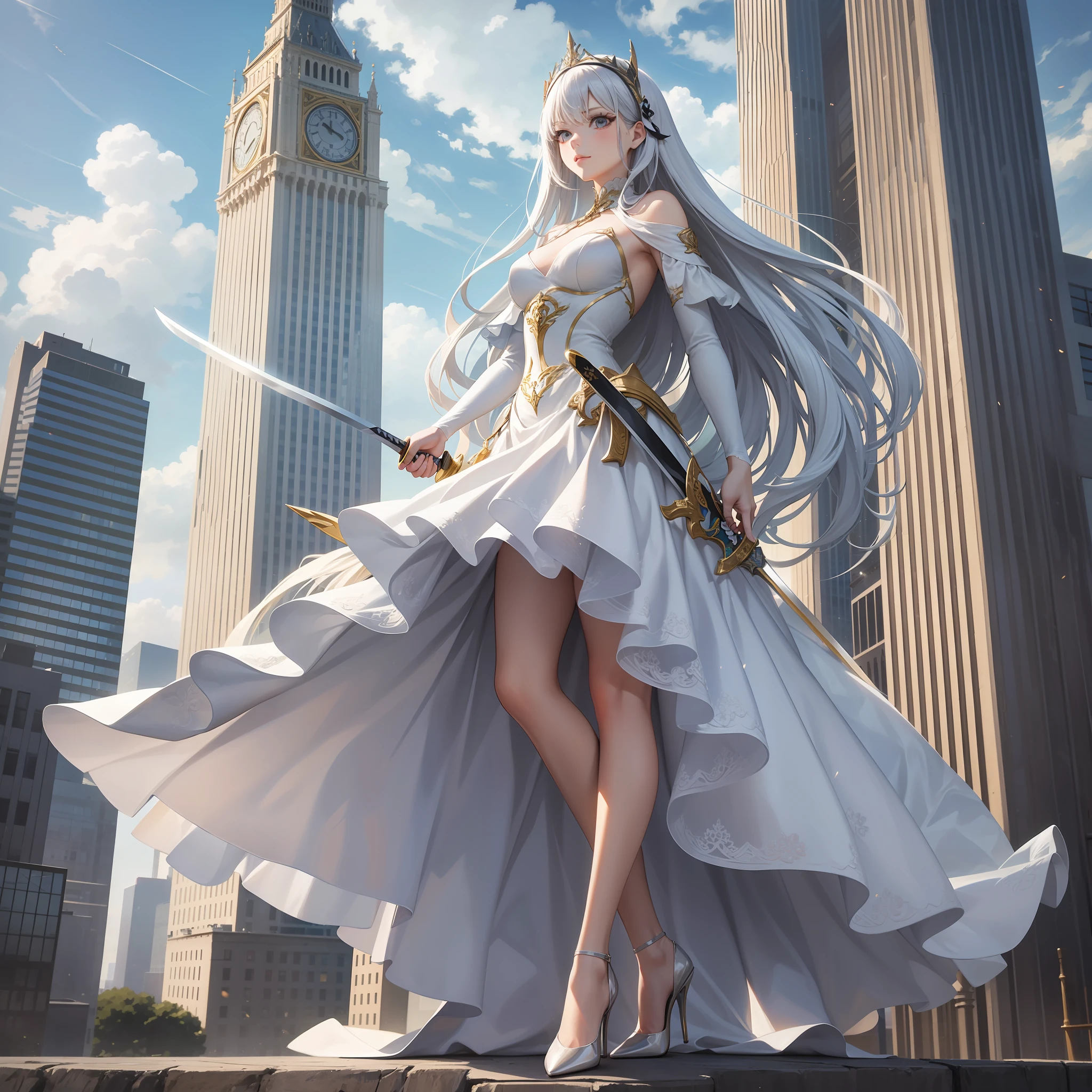 Silver-white girl with long hair,Dressed in a dress trimmed with white and gold,Stand on a towering building,Wear high heels,Sword in hand,(best qualtiy:1.4), (A detailed:1.5), (tmasterpiece:1.3),