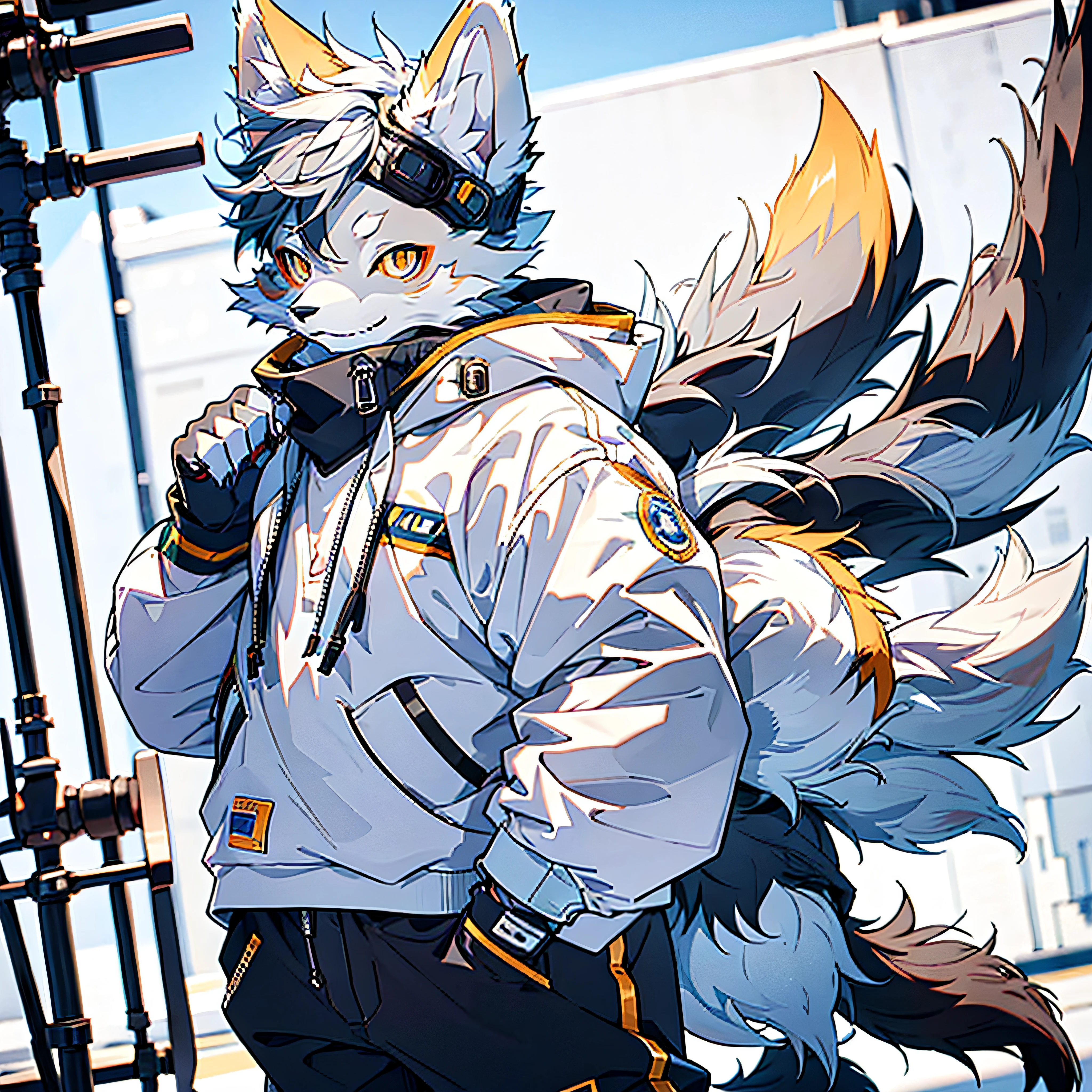 furry, furry, gray fur, male, canine, arctic fox, single, sharp claws, detailed fur, golden eyes, fluffy tail, blue sweatshirt, white jeans, super detailed: 1.0, city street, detailed background