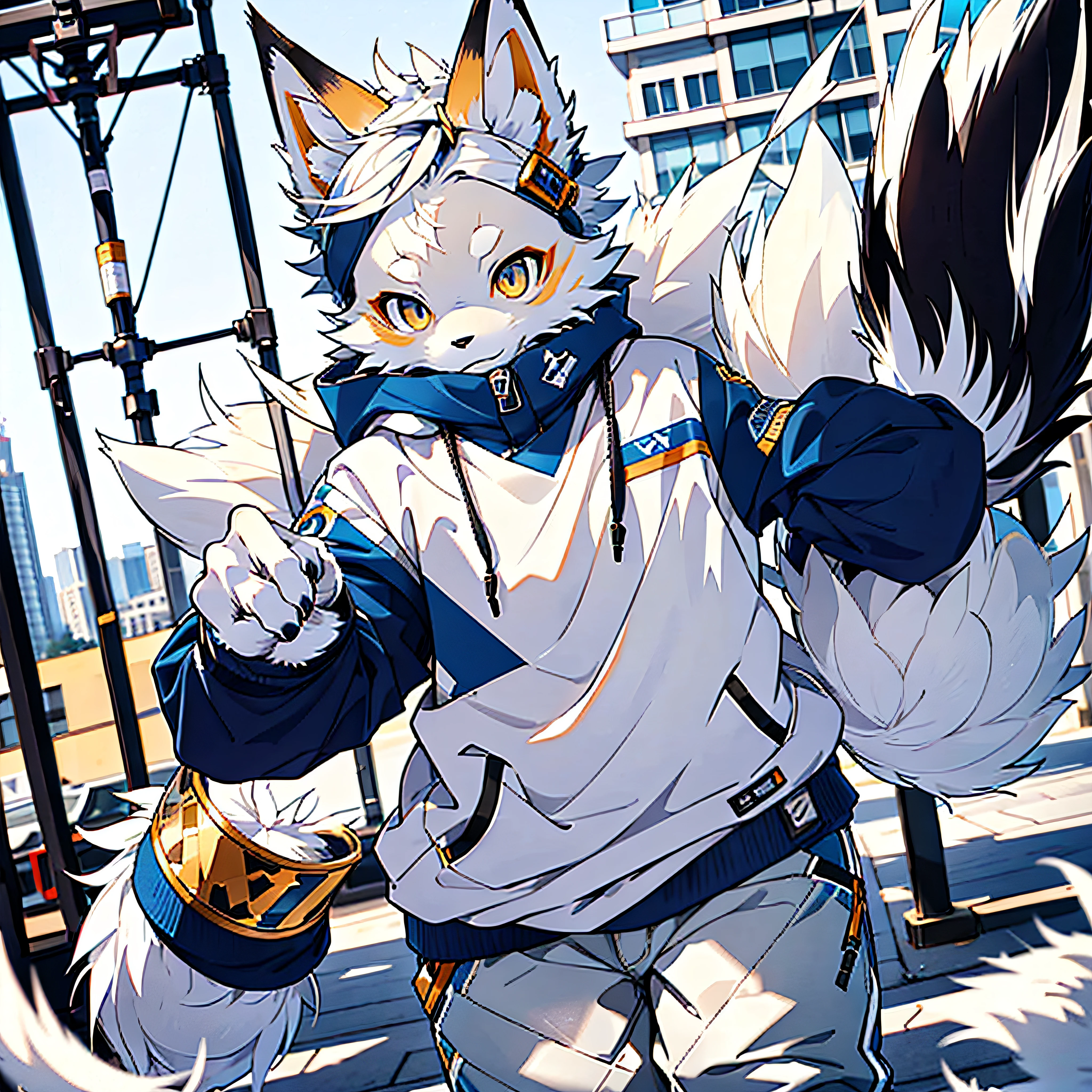 furry, furry, gray fur, male, canine, arctic fox, single, sharp claws, detailed fur, golden eyes, fluffy tail, blue sweatshirt, white jeans, super detailed: 1.0, city street, detailed background