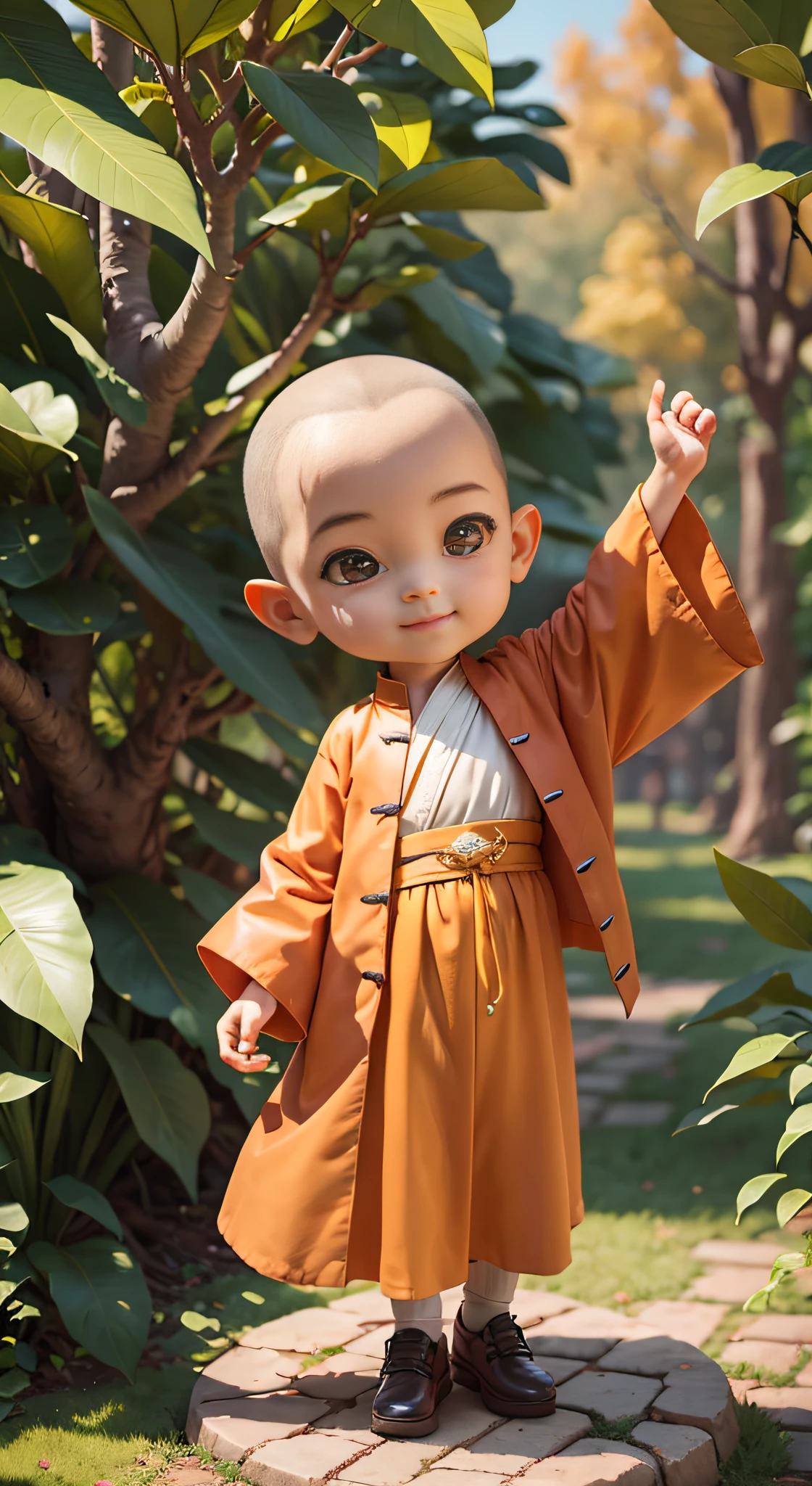 A lovely little 3 year old monk，monk，ssmile，Hands on the chest，Put your palms together，Yellow Sleeve，naturey，big trees，falling leaf，Natural light，Works of masters，high qulity，Complicated details，8K high-definition