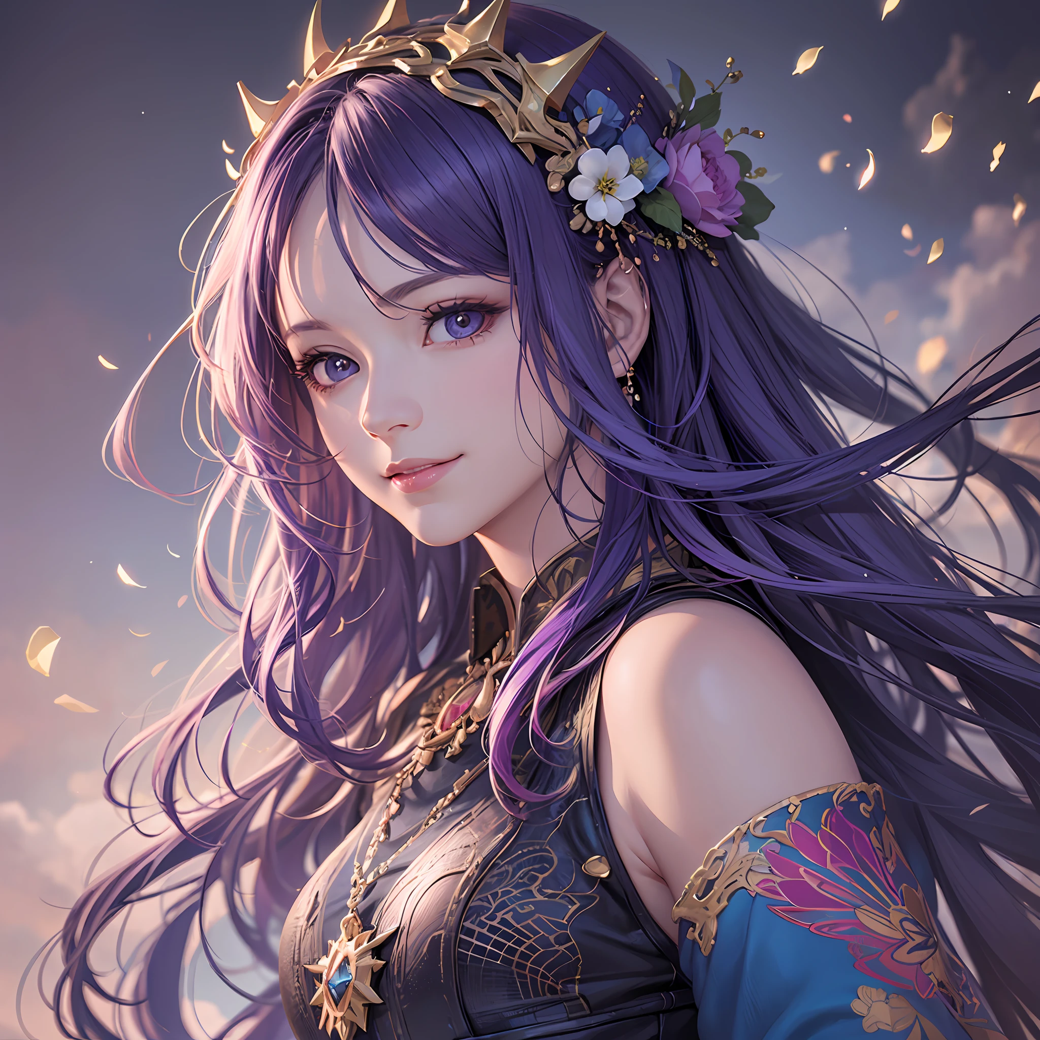(8K, Top quality, Masterpiece: 1.2), (Realistic, Photorealistic, Photorealistic: 1.37), woman with long hair and blue dress, Purple hair, Beautiful character painting, Detailed digital anime art, Gwise style artwork, detailed portrait of an anime girl, Rosteland 8K's, Stunning character art, There are 2 realistic anime girl renderings. 5D CGI anime fantasy artwork, Beautiful digital artwork, 8k high quality detail art, a beautiful anime portrait, Smile
