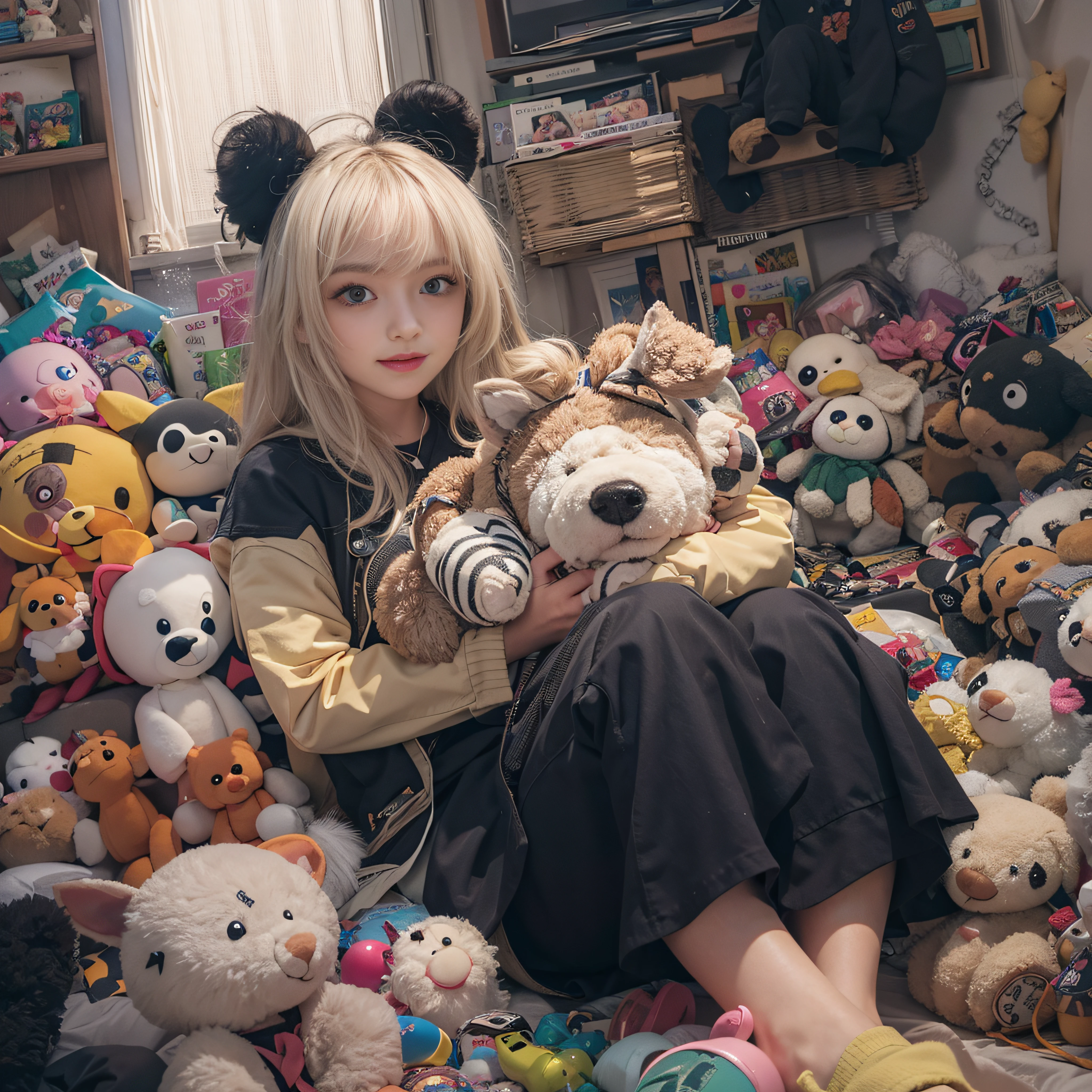 A holds a stuffed animal,Sit in a room full of toys,,cabelos preto e longos,cheerfulness,Rejoice,Perfect quality,Clear focus(Clutter - home:0.8), (tmasterpiece:1.2) (realisticlying:1.2) (Bokeh) (best qualtiy) (detailedskin:1.3) (complexdetails) (8K) (detailedeyes) (Sharp focus),(having fun)closeup cleavage