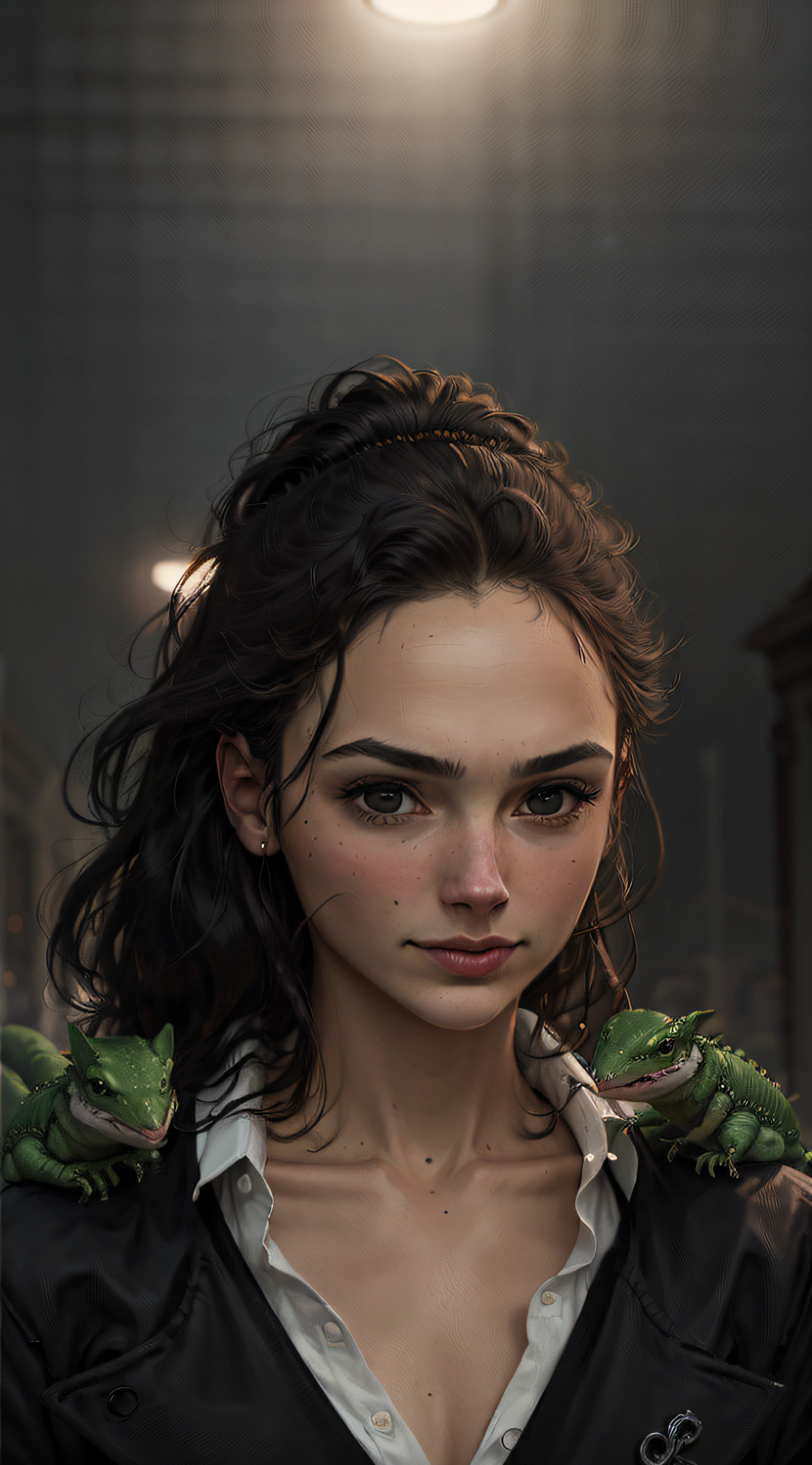 "((obra maestra))(The best lighting, alto contraste, oscuro, dramatic, Acabado fotorrealista),(mujer joven, sonrie, carcajadas),(Baphometh), lagartos, tortugas, ratas. Luz Caravaggio"
