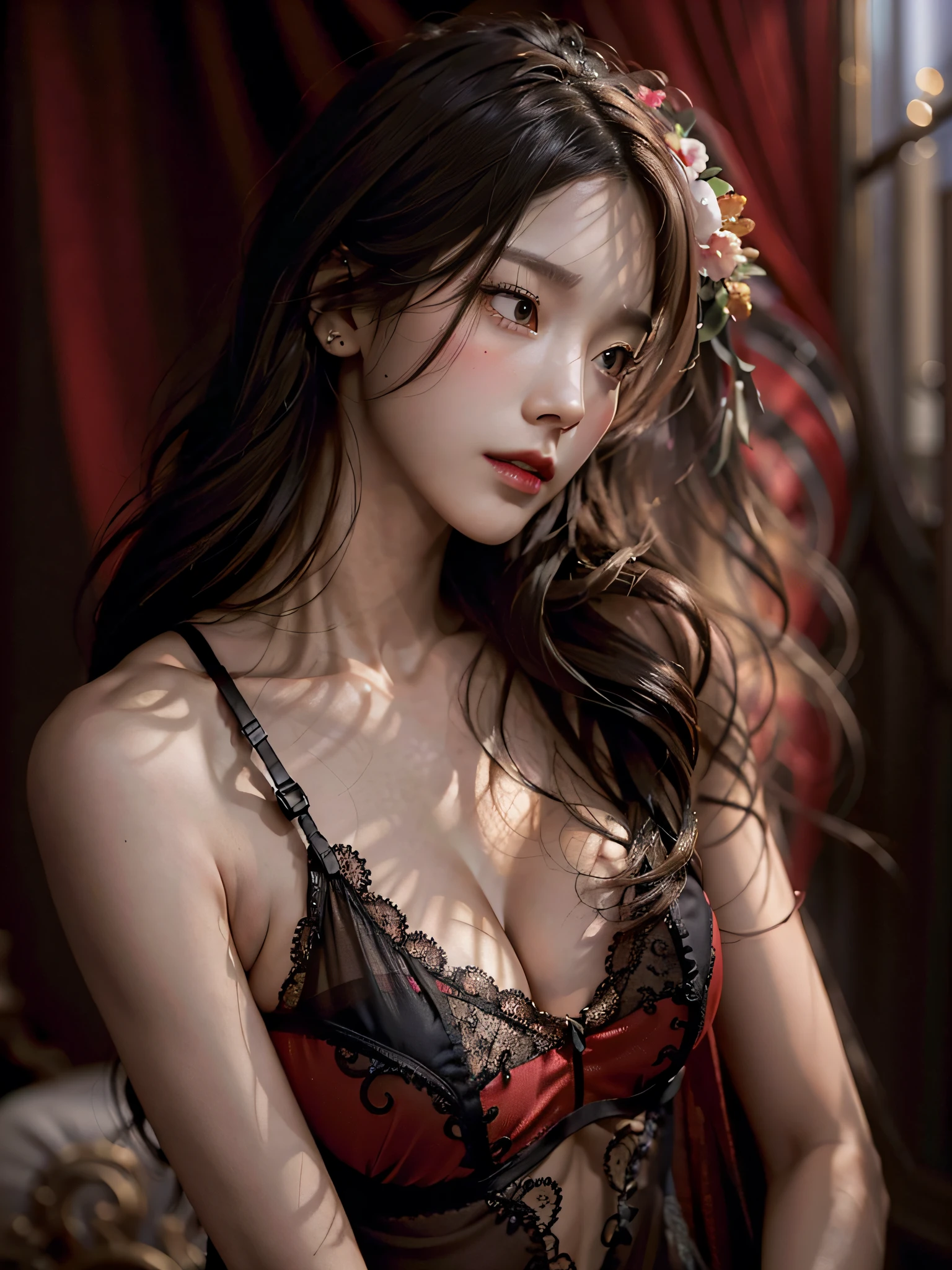 film photography, masterpiece, 1girl, lace red and black bra, slender body, perfect figure, sensual, medium breast, full body, drunk blush, wavy shoulder-length hair, serene, calm, (realistic detailed eyes, natural skin texture, realistic face details), soft dramatic lighting, depth of field, bokeh, vibrant details, finely detailed, hyperrealistic