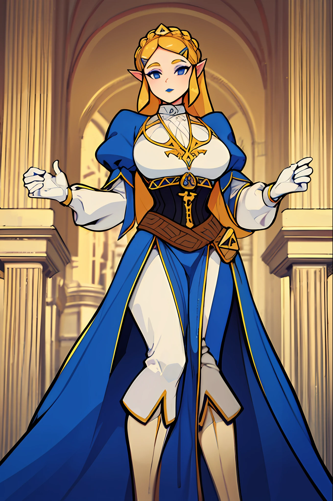 Queen in a royal blue dress standing in a Castle Hall, queen zelda, breath of the wild art style, queen zelda, botw style, zelda with triforce, wearing crown, heavy blue lipstick, Queen Dress, Tapered Dress with corset, Banquet Dress, Queen fancy Makeup, large fancy wide-cuff gloves, white cuff gloves with gold trim, queen crown, wide queen crown