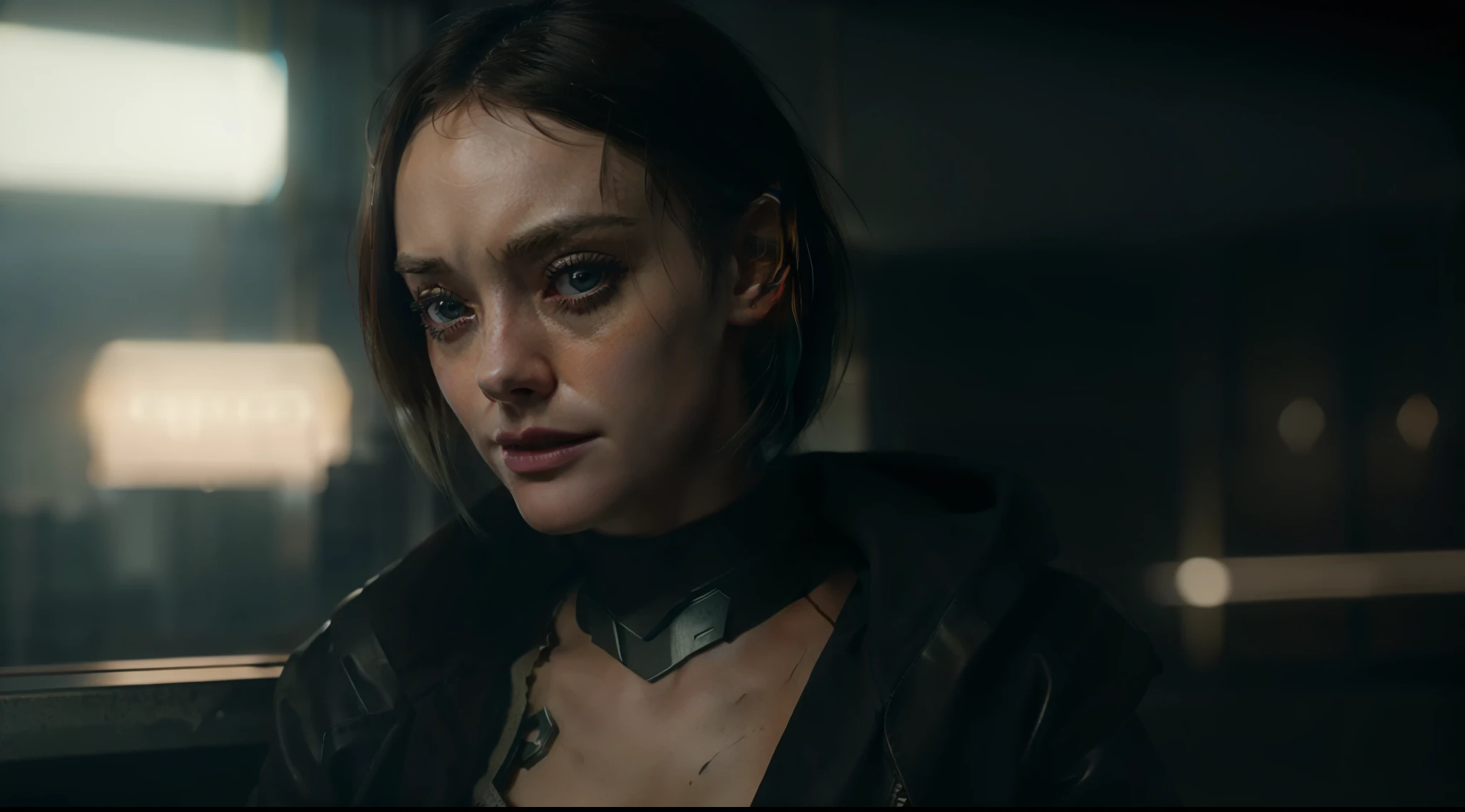(8k, ARTISTIC photography, best quality, masterpiece: 1.2), RAW photo, a (potrait:1.2) of a woman ,Cyberpunk balcony wearing white cropped bomber jacket (((Dakota Fanning))) (highly detailed skin:1.2), 8k uhd, dslr, soft lighting, high quality, film grain, Fujifilm XT3, staring at the camera in front, wild Black hair, ((dynamic pose))) over-detailed face, beautiful body, toned body, heavy metal amour, spikes, 8k uhd, SLR camera, soft lighting, high quality, film grain, Arri Alexa mini , Cinematic lighting, octane render, cinematic lighting, complex, 8k resolution concept art portrait , edgerunner, blade runner, Cyberpunk 2077, hyperrealistic, photo awesome, gritty, realistic, (((pure 8K))), (((perfect anatomy))), extremely high-quality graphics, Riddley Scott, Blade Runner, Denis Villeneuve, (((cinematic lighting))), ((clear details)), complex, highly detailed background,