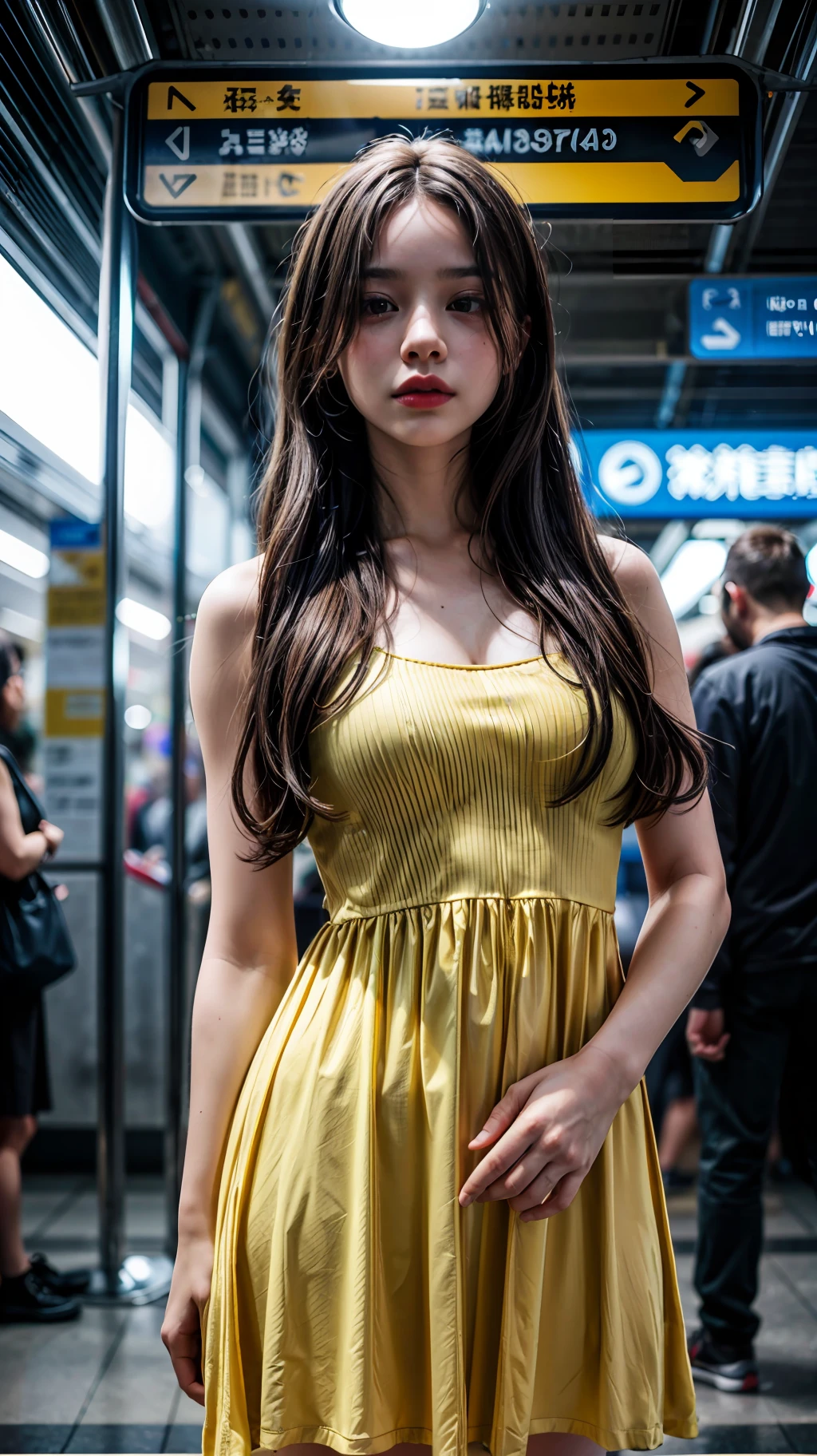 (1girl), solo, russian, long_hair, wearing(yellow-dress, hairpiece), photo(medium-shot), portrait, standing, pov, blurry_background, background(futuristic-metro_station), (photorealistic, absurdres, best_quality:1.55),