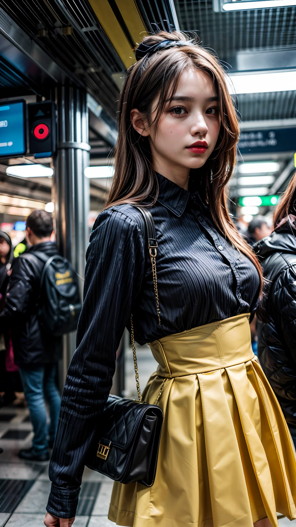 (1girl), solo, russian, long_hair, wearing(yellow-dress, hairpiece), photo(medium-shot), portrait, standing, pov, blurry_background, background(futuristic-metro_station), (photorealistic, absurdres, best_quality:1.55),