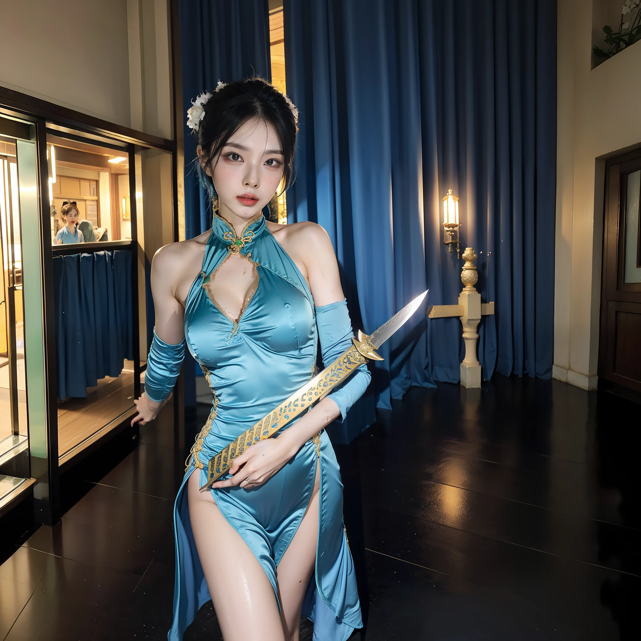 bluer hair:1.2,Short hair,femele,Ancient Chinese street scene,Rainy days,Blue cheongsam tight one-piece slit,Broad bare breasts,The skirts parted,Satin,Full-body image,Wet dripping,Holding a green dragon sword in his hand,The sword body is bubbling with cold light,Facial moisture,Expose the collarbone