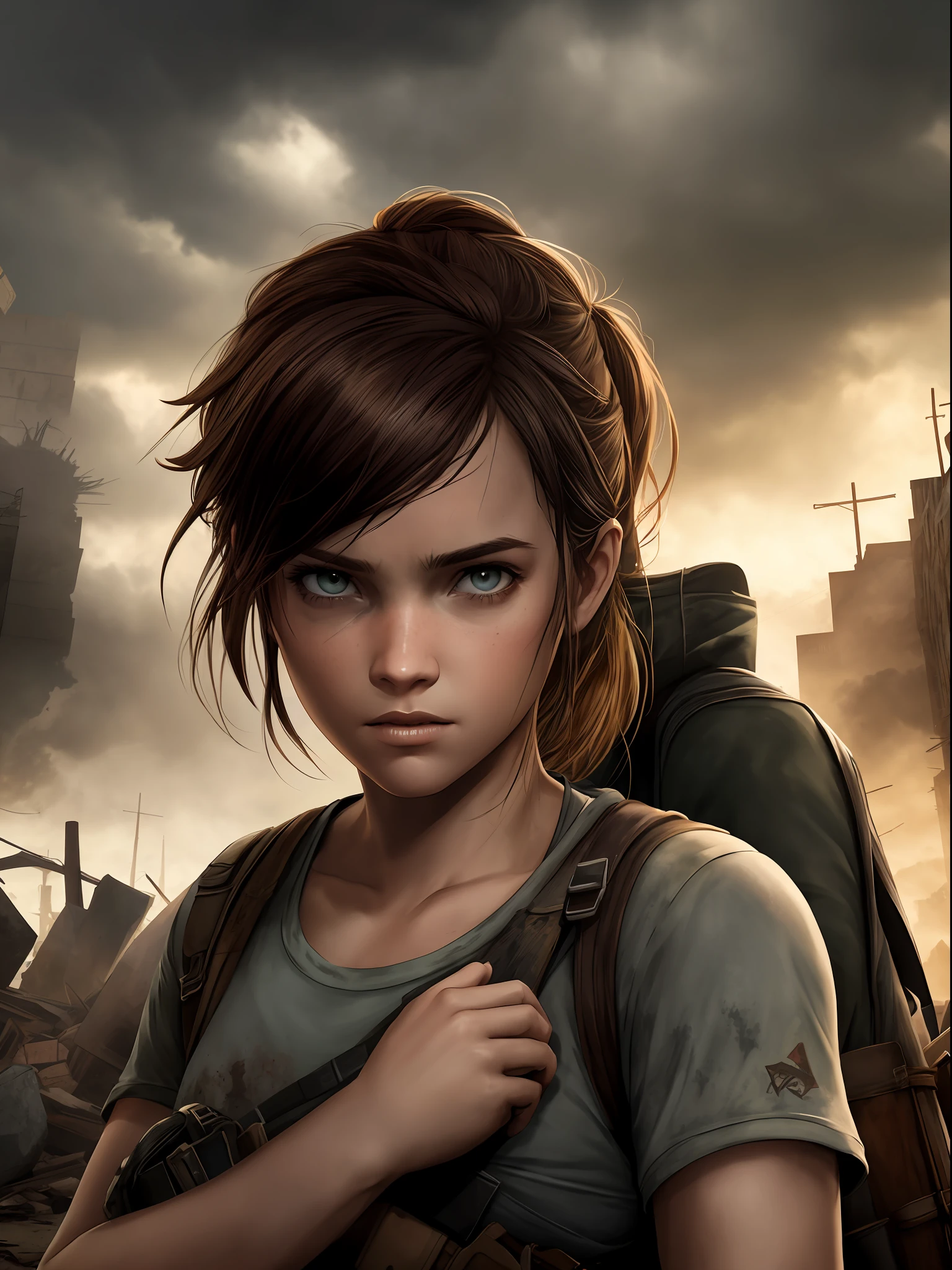 Imagine uma capa para o livro "Fim", A Story of Survival in the Zombie Apocalypse. A capa apresenta um fundo escuro e opressivo, with threatening clouds. No centro da capa, Destaques Vick, a protagonista corajosa, 14 anos, Holding the baby in your arms, Ellie Face The Last of Us Game. She's in a pose of determination, with the gaze reflecting courage and resilience. Ao redor de Vick, sombras sinistras de zumbis se destacam, conveying the constant threat she faces. The title "Fim" aparece em letras marcantes e impactantes, talvez com um efeito de textura ou sombreamento. detalhes sutis, as rubble or a symbol representative of the plot, can be added to accentuate the post-apocalyptic mood.