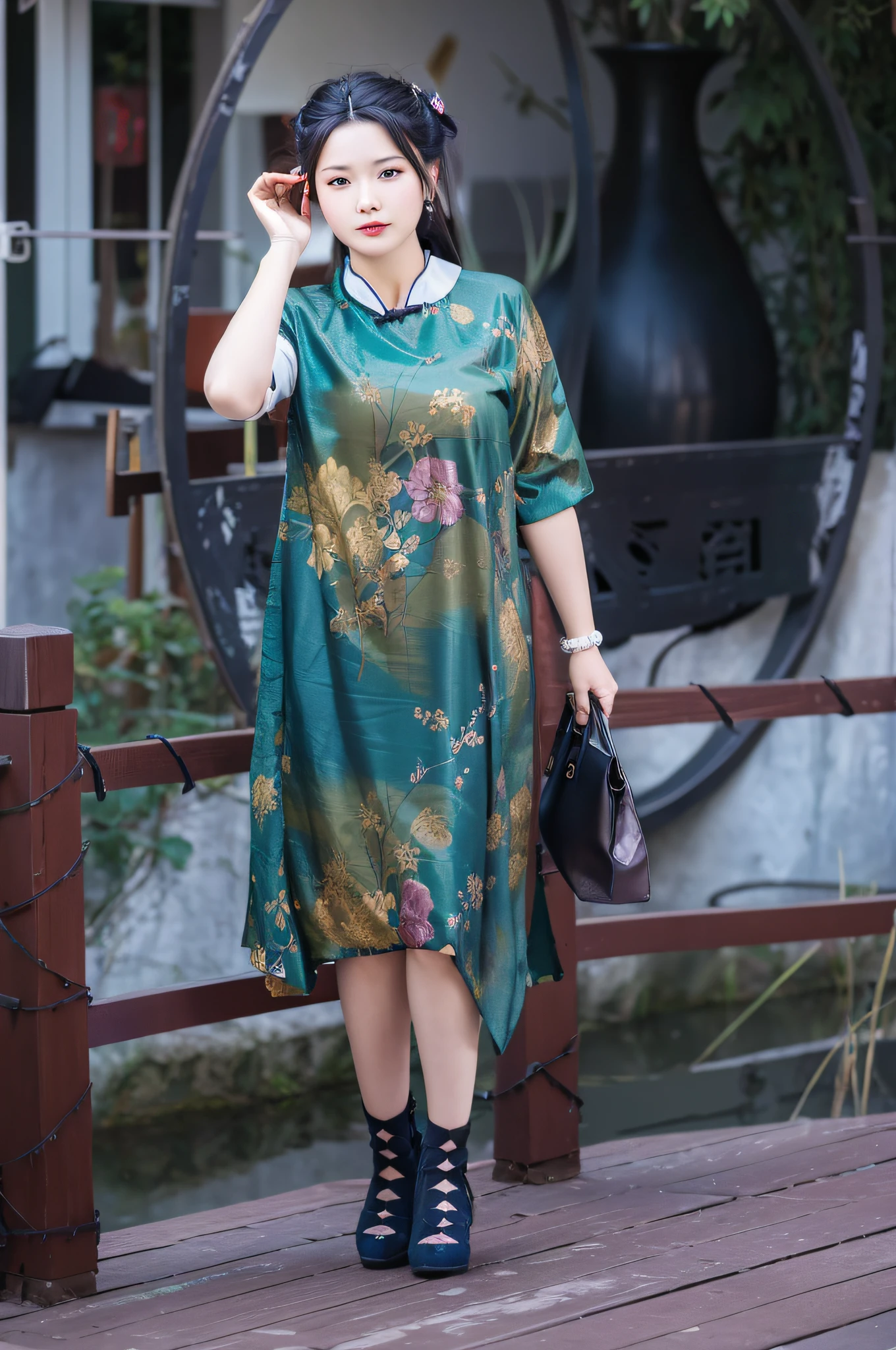 There was a woman standing on the bridge on the phone, wearing floral chiton, wearing a blue qipao dress, floral art novuea dress, with acient chinese clothes, soft silk dress, Gorgeous lady, Traditional Chinese clothing, Cheongsam, lady with glowing flowers dress, Femme, full - length view, wearing a long flowy fabric, plus size，Retina screen，Vertical painting shadows，Perspectiva subjetiva，atmospheric distance sense，hyper HD，Textured skin，HighestQuali，high detal，The eyes are bright and alert，Ray traching，Multiple monochromes，Cinematic lighting effects，Smile confidently，Star temperament --auto