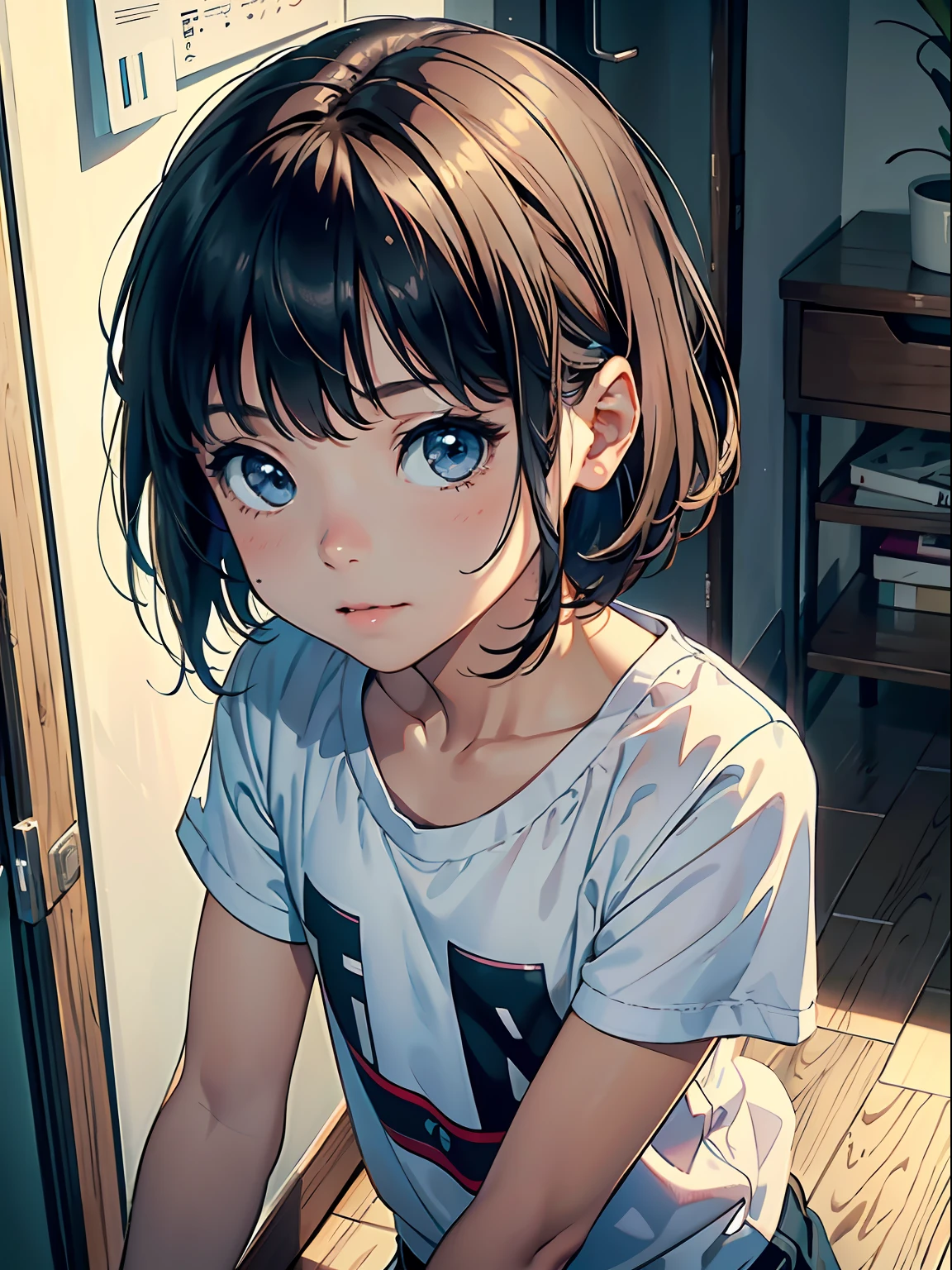 hyper HD, Masterpiece, ccurate, Textured skin, Super detail, High details, High quality, Best quality, A high resolution, 16k,Works of masters,Best image quality,Higher quality,high detal,超A high resolution,8K分辨率,Exquisite facial features,s the perfect face,Glowing skin,((Three-year-old girl)),solo person,((adolable)),opens his eyes wide,Watery eyes,ssmile,short detailed hair,brunette color hair,tee shirt,are standing,inside in room,sobu