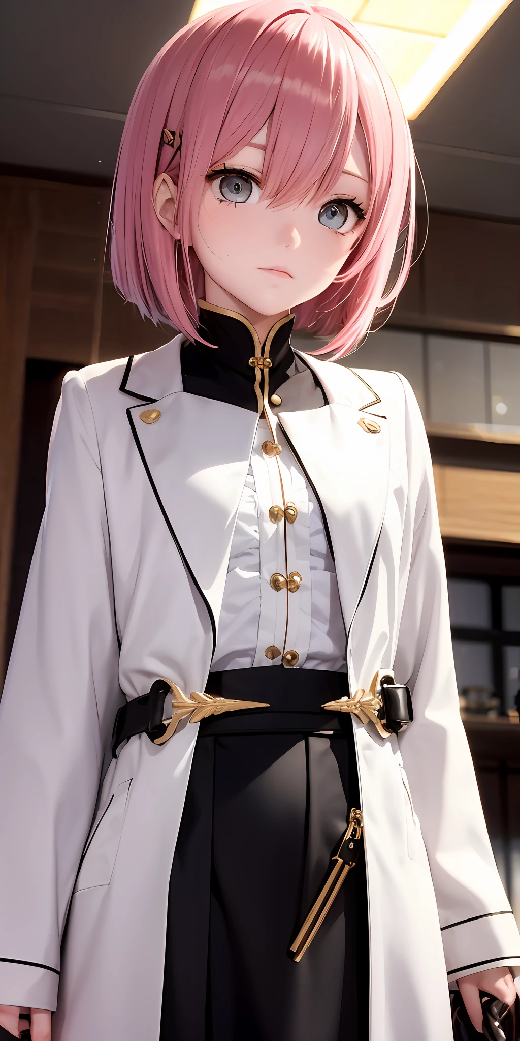 Need,tmasterpiece,A pink-haired,Golden eyes,Manteau blanc,Look up,The upper part of the body,Hairline,Fair skin,short detailed hair