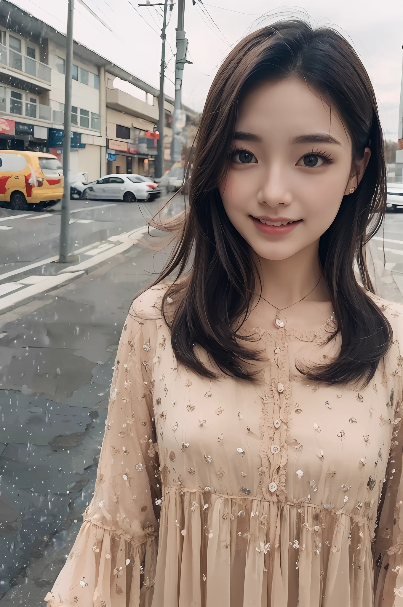 (8k, Best Quality, Masterpiece: 1.2), (Realistic, Photorealistic: 1.37), Super Detailed, Best Quality, Super High Resolution, Professional Lighting, Photon Mapping, Radiosity, Physically Based Rendering, Cinematic Lighting , pedestrian zone, raining depth of field, sharp focus, sun rays, good composition, (bokeh: 1.2) one girl, solo, (close-up view), beautiful detailed eyes, smile, pose , thin waist, medium bust, (random colorful clothes), black hair, messy hair, long hair blowing in the wind(ulzzang-6500:1.2)
