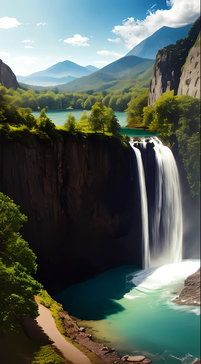 there is a man standing in front of a waterfall in the woods, standing in front of a waterfall, waterfalls and lakes, lakes and waterfalls, standing in a waterfall, f / 2 0, standing near a waterfall, a wide full shot, standing inside a waterfall, waterfalls in the background, next to a waterfall, amazingly composed image, california;, medium wide shot, realistic, masterpiece, best quality, high quality, extremely detailed CG unity 8k wallpaper, scenery, outdoors, sky, cloud, day, Photorealistic,extremely detailed, trending on artstation, trending on CGsociety, Intricate, High Detail, dramatic, art by midjourney