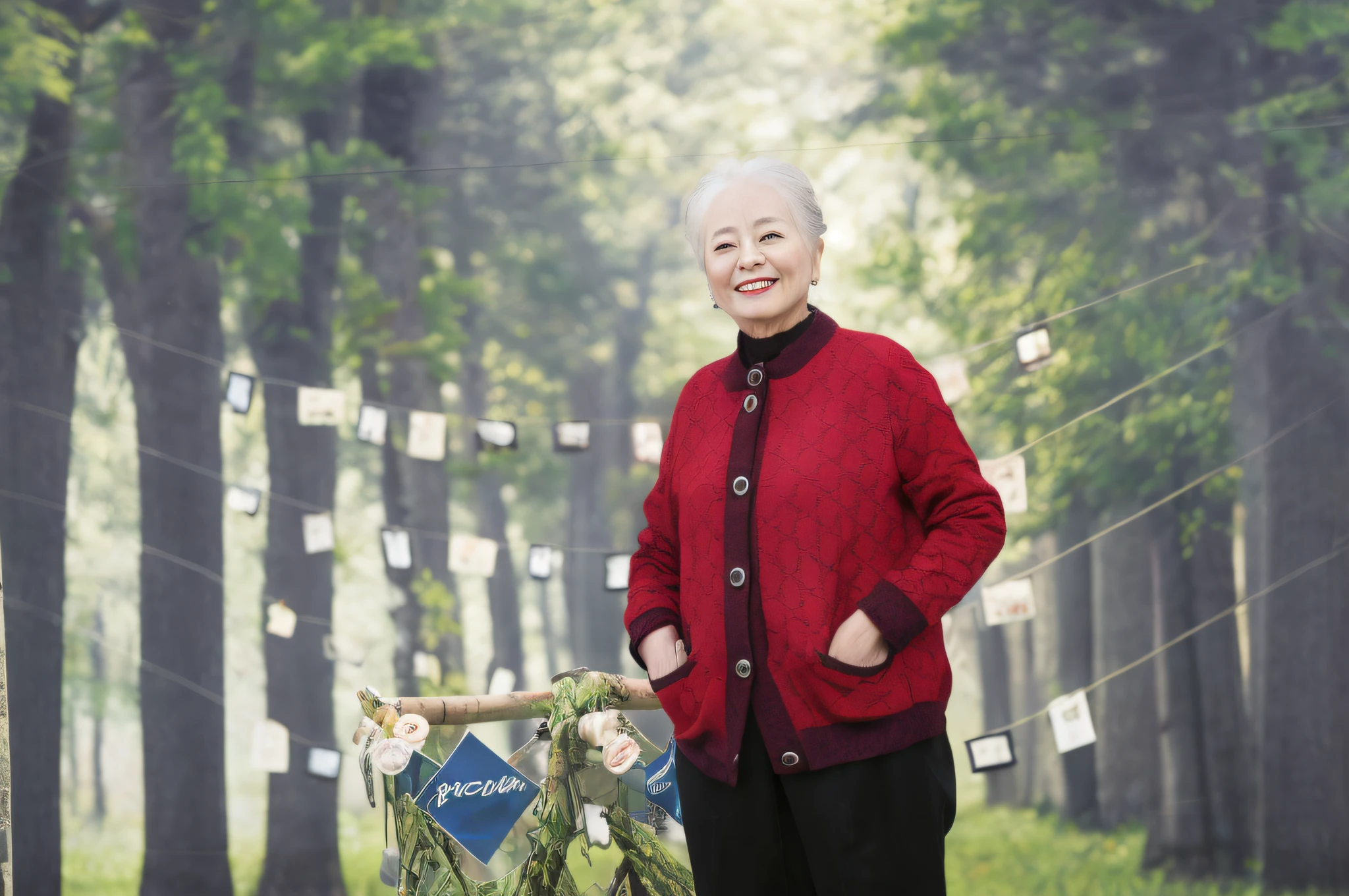 There is a woman standing in the forest on a bicycle, Shouko Nishimiya, jiyun chae, she is about 7 0 years old, Kiyoko Suzuki, cover photo portrait of du juan, inspired by Ruth Jên, sachiko miyazaki, author li zhang, Kim Tae-joon, kazue kato, etsuko miura,Retina screen,Vertical painting shadows,Perspectiva subjetiva,atmospheric distance sense,hyper HD,Textured skin,HighestQuali,high detal,The eyes are bright and alert,Ray traching,Multiple monochromes,Cinematic lighting effects,Smile confidently,Star temperament --auto