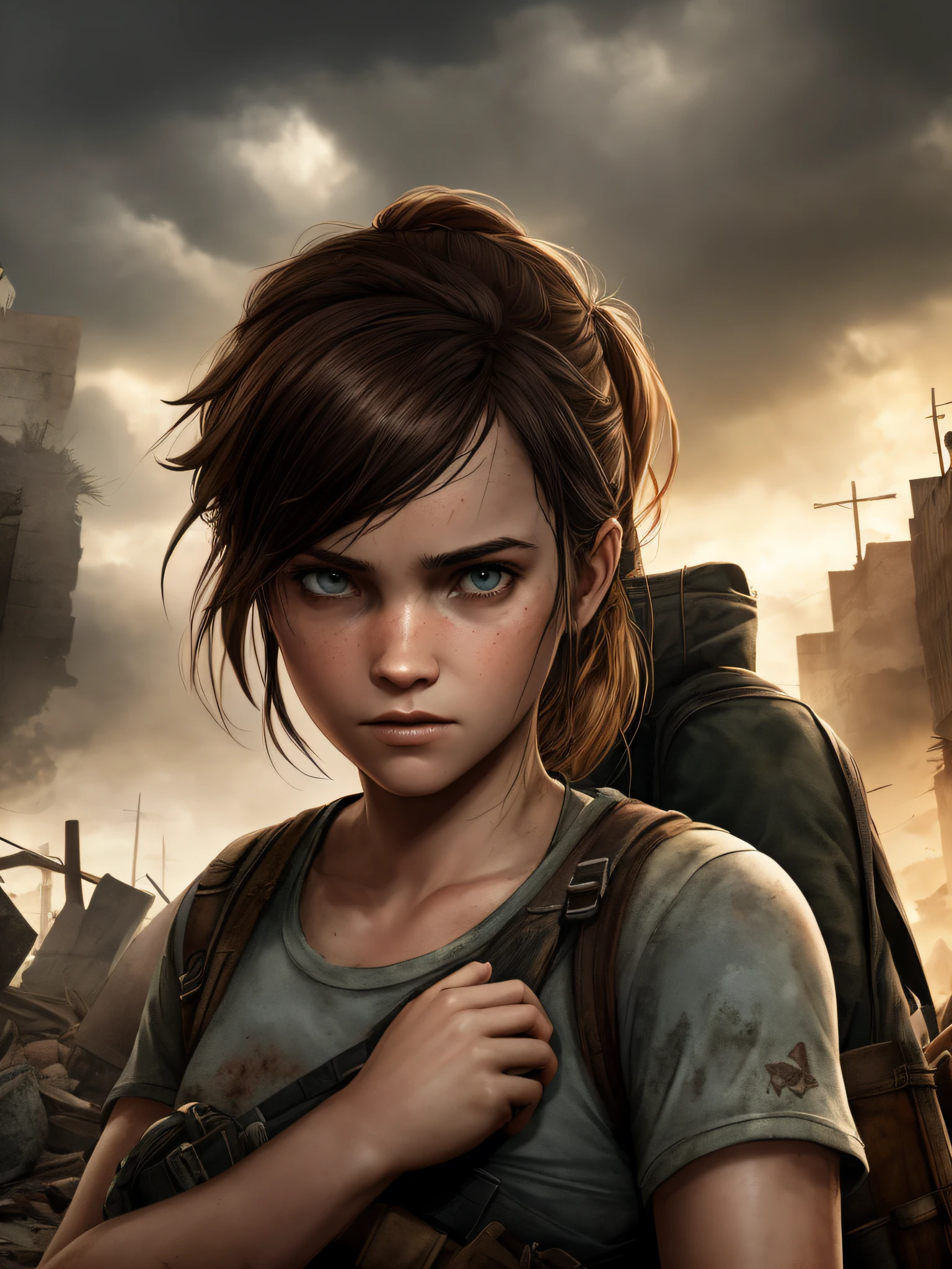 Imagine uma capa para o livro "Fim", A Story of Survival in the Zombie Apocalypse. A capa apresenta um fundo escuro e opressivo, with threatening clouds. No centro da capa, Destaques Vick, a protagonista corajosa, 14 anos, Holding the in your arms, Ellie Face The Last of Us Game. She's in a pose of determination, with the gaze reflecting courage and resilience. Ao redor de Vick, sombras sinistras de zumbis se destacam, conveying the constant threat she faces. The title "Fim" aparece em letras marcantes e impactantes, talvez com um efeito de textura ou sombreamento. detalhes sutis, as rubble or a symbol representative of the plot, can be added to accentuate the post-apocalyptic mood.