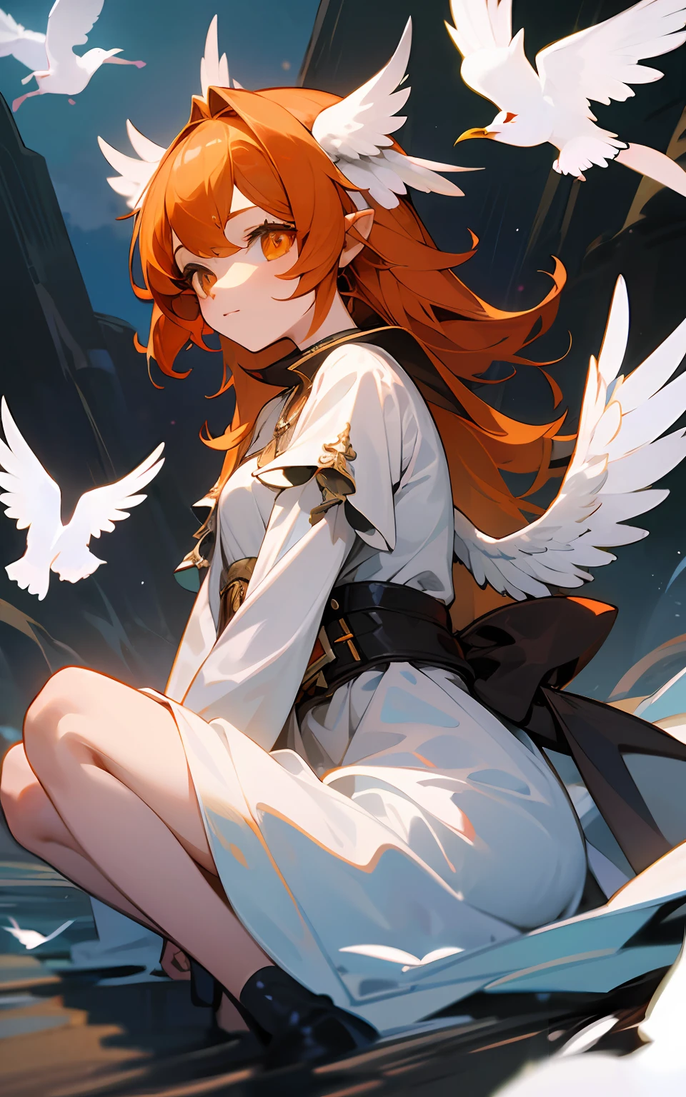 top-quality、hight resolution、detaileds、Beautiful with white bird wings on her back、lightly dressed、Forts on high ground、beautiful Girl、Harpy、Orange Medium Hair、