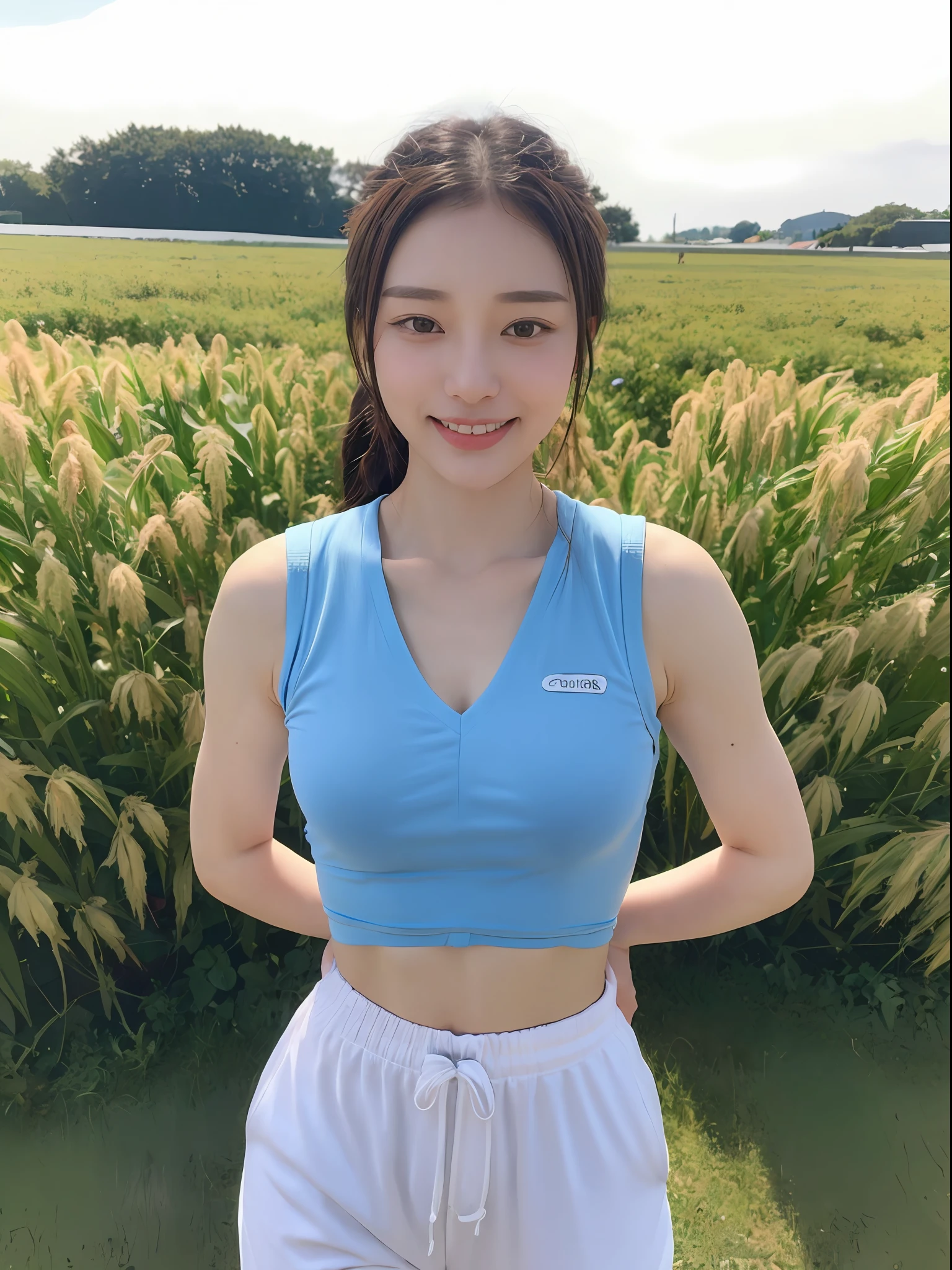 ((Best picture quality, 8K, tmasterpiece:1.3)),((1个Giant Breast Girl)),A small braid,Ultra-fine face,A detailed eye,ssmile,Small chest,Slender abs,Legs are very thin and long,The butt is upturned,((White sports vest,white sweatpants,The background is a sorghum field)),