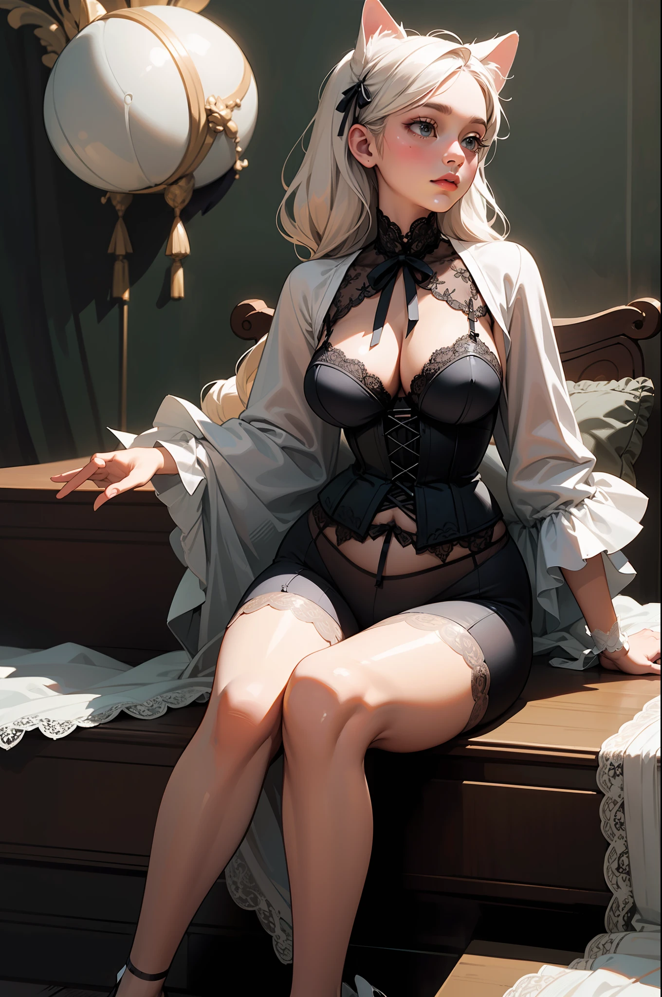 (Artwork of exceptional craftsmanship),(Detailed illustrations,(Art based on a very ideal anatomy),Very detailed and detailed drawing,Delicate lines with slow and rapid,(Realistic texture expression)),[Color tressed main line],[Strange bedroom background],[HENTAI ANIME] (Japanese Girl (Beautiful shape)  student [Luxury Girl] (cat ear ((plump)) (large chest with drooping,[wide areola]))),(Full body lingerie (Pure white corset) (Ribbon Ruffled Lace Fabric [loliashion])),[Realistic and glossy skin expression ([High humidity] (Soft body)),([sitting] [[boredom]] gravure),Transparency, soft ambient light,(Perfectly proportioned),(Fine and beautiful skin expression [realistic skin detail]),(Design built to the highest level,[Advanced structural understanding of materials],Ideal color coordination),(Intricate and beautiful decoration (Dense detail)),(More on shiny hair),[Perfect hand details],(Beautiful perfect face [Realistic face details]),[Clear gaze],[long and beautiful eyelashes],[Perfect eye details (Eyes beautifully drawn down to the smallest detail)],(detaileds,high-detail),((Precision Detail),[multi-layer texture],HighQuality,hight resolution),[(Accurate simulation of light-material interactions),Understanding Airflow,Mechanically correct representation],[Visual art that conveys a sense of narrative] [Full body like],[[Desaturation]].