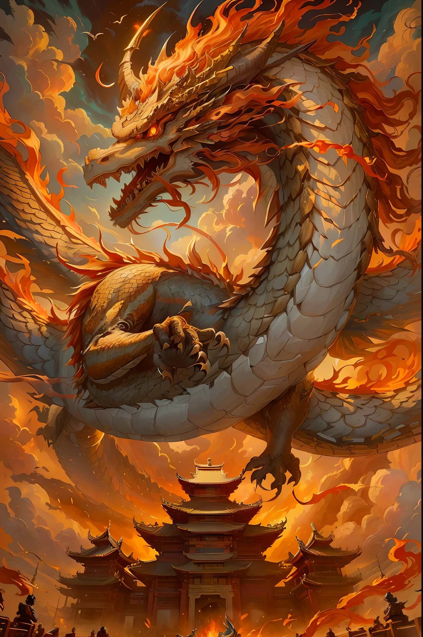 A painting of a building with a dragon flying over the sky background, chinese dragon concept art, smooth chinese dragon, oil painting of dragon, Dragon Art, Fire Dragon, majestic japanese dragon, Golden dragon, Chinese Dragon, Legendary Dragon, long dragon, colossal dragon as background, ryujin, phoenix dragon, ''dragon breathing fire, fire flaming dragon serpent, dragon blowing fire above