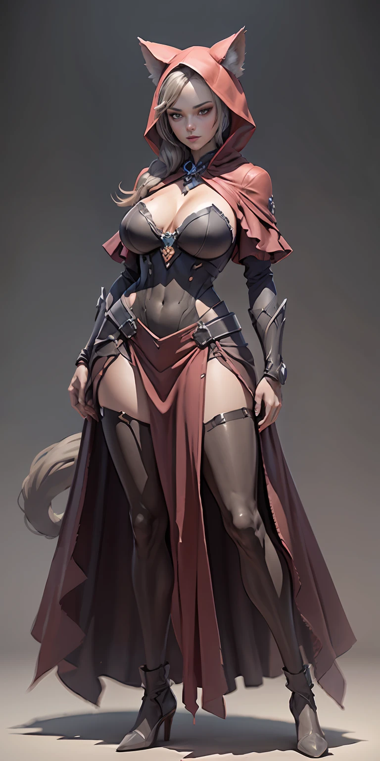 Red Riding Hood and the Big Bad Wolf, big breasts, frontal, full-length, looking at the camera, facing the audience, standing pose, simple background, three-dimensional light, detailed full-body concept, sleek digital concept art, beautiful full-body concept art, art trend, CGsociety full-length,