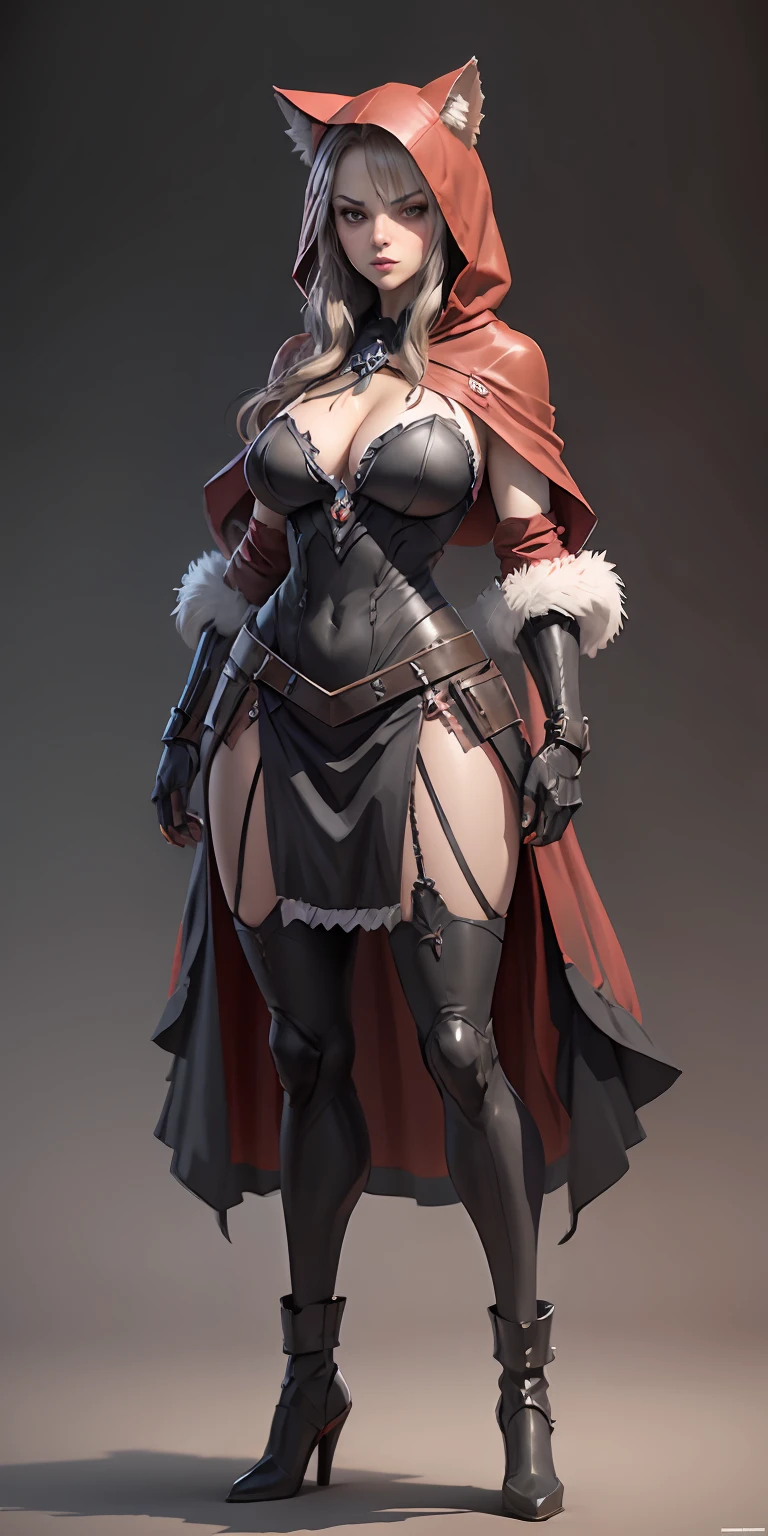 Red Riding Hood and the Big Bad Wolf, big breasts, frontal, full-length, looking at the camera, facing the audience, standing pose, simple background, three-dimensional light, detailed full-body concept, sleek digital concept art, beautiful full-body concept art, art trend, CGsociety full-length,