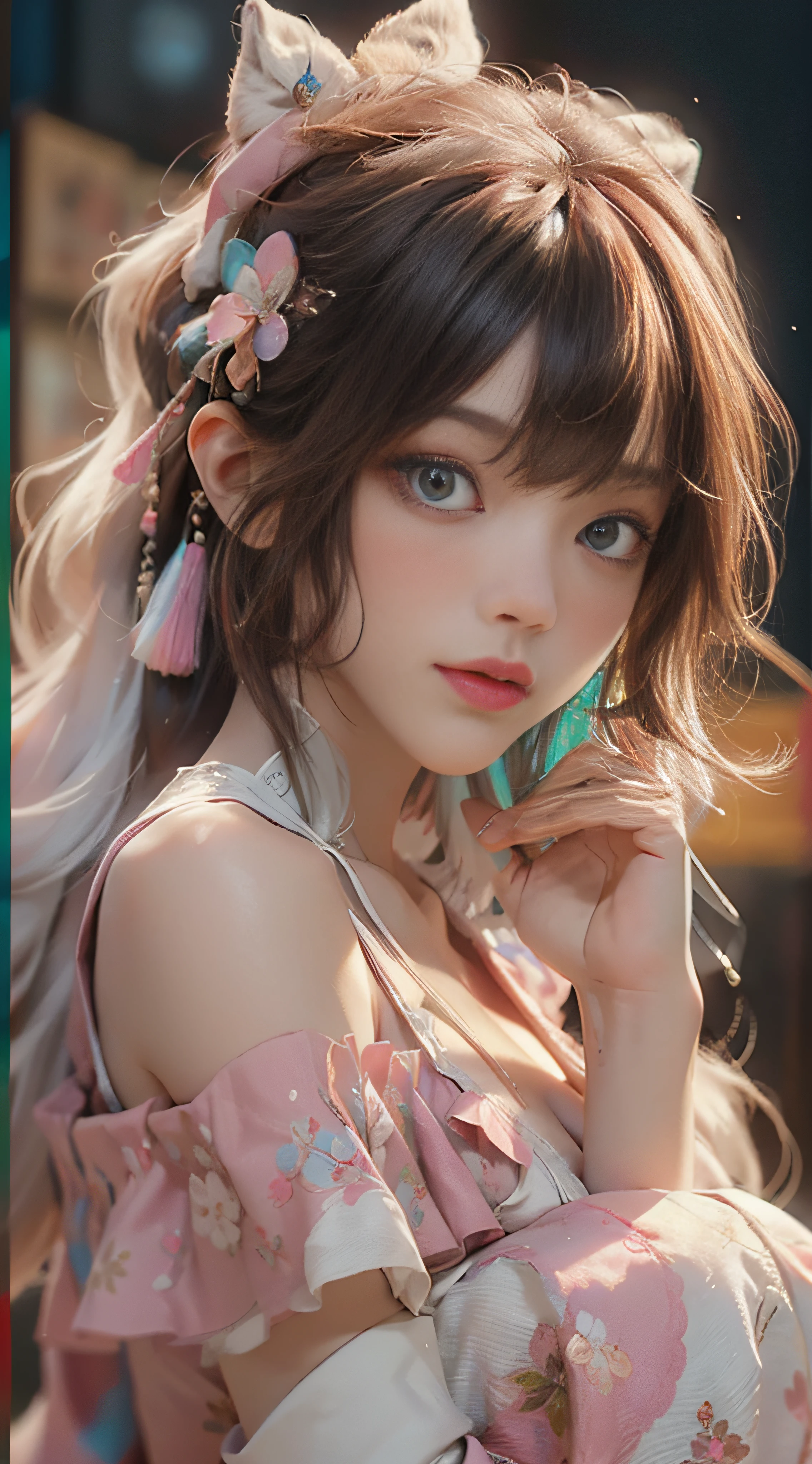 ((best qualtiy)), ((tmasterpiece)), (Detail:1.4), 3D, Beautiful cyberpunk female images,hdr(HighDynamicRange),Ray traching,NVIDIA RTX,Hyper-Resolution,illusory 5,sub surface scattering,PBR textures,post-proces,Anisotropy Filtering,depth of fields,maximum definition and sharpness,Many-Layer Textures,Albedo e mapas Speculares,Surface Coloring,Mitsu-Accurate simulation of material interactions,perfectly proportioned,rendering by octane,Two-colored light,largeaperture,Low ISO,White balance,Rule three points、8K raw data、Beautiful bright blue pupils,off-the-shoulder clothes,Fine pupils,Delicate face and eyes,long eyelasher,Blushlush,Delicate and fluffy hair,pink lip,Pure,cute big breasts,Sweet girl,Artistic sense,Casual wear,Advancedsense,butterflys,Cherry blossom petal,Beautiful hair accessories,Long hair and waist,Hair fluttering in the wind