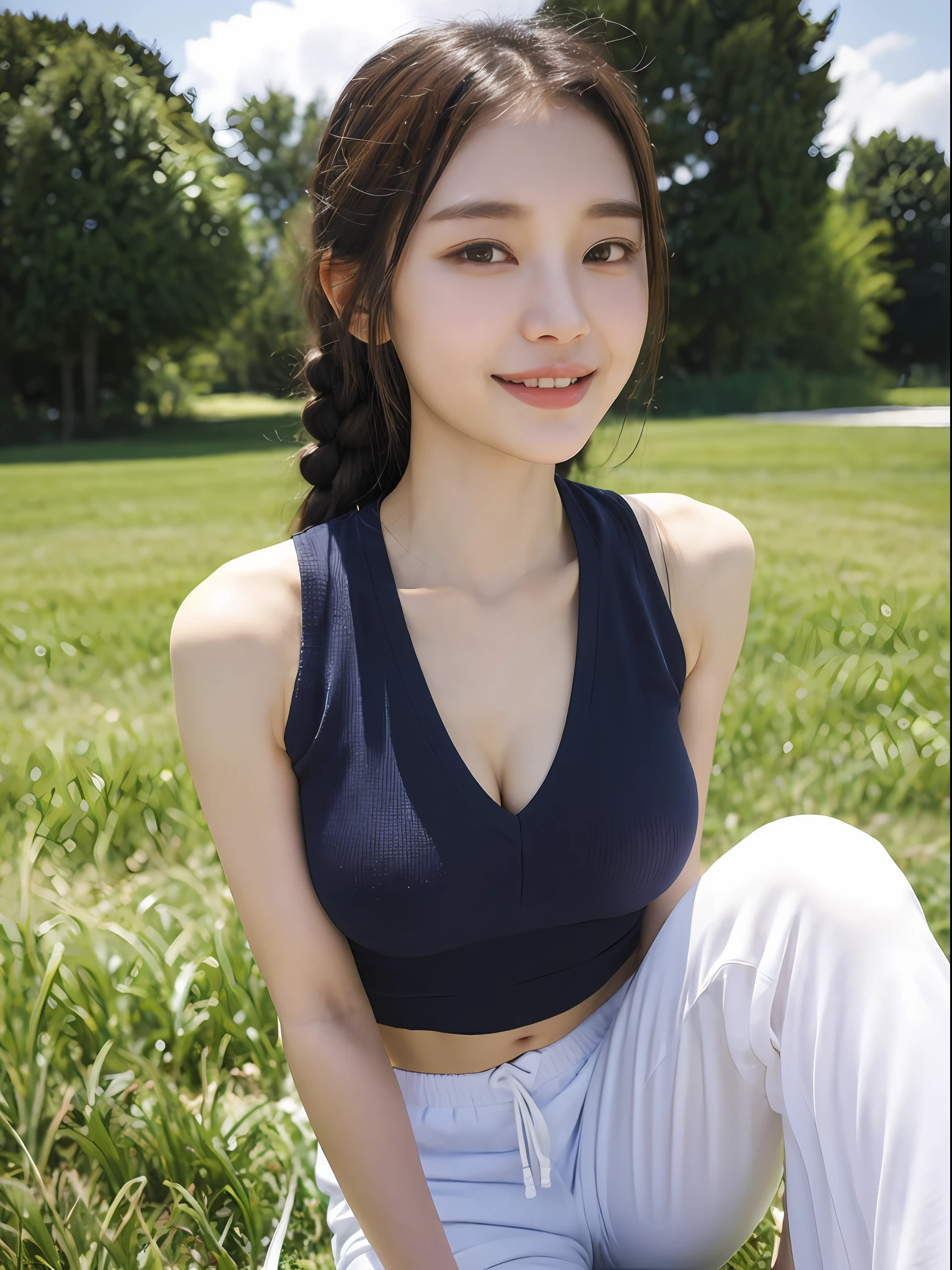 ((Best picture quality, 8K, tmasterpiece:1.3)),((1个Giant Breast Girl)),A small braid,Ultra-fine face,A detailed eye,ssmile,Small chest,Slender abs,Legs are very thin and long,The butt is upturned,((White sports vest,white sweatpants,The background is a sorghum field)),