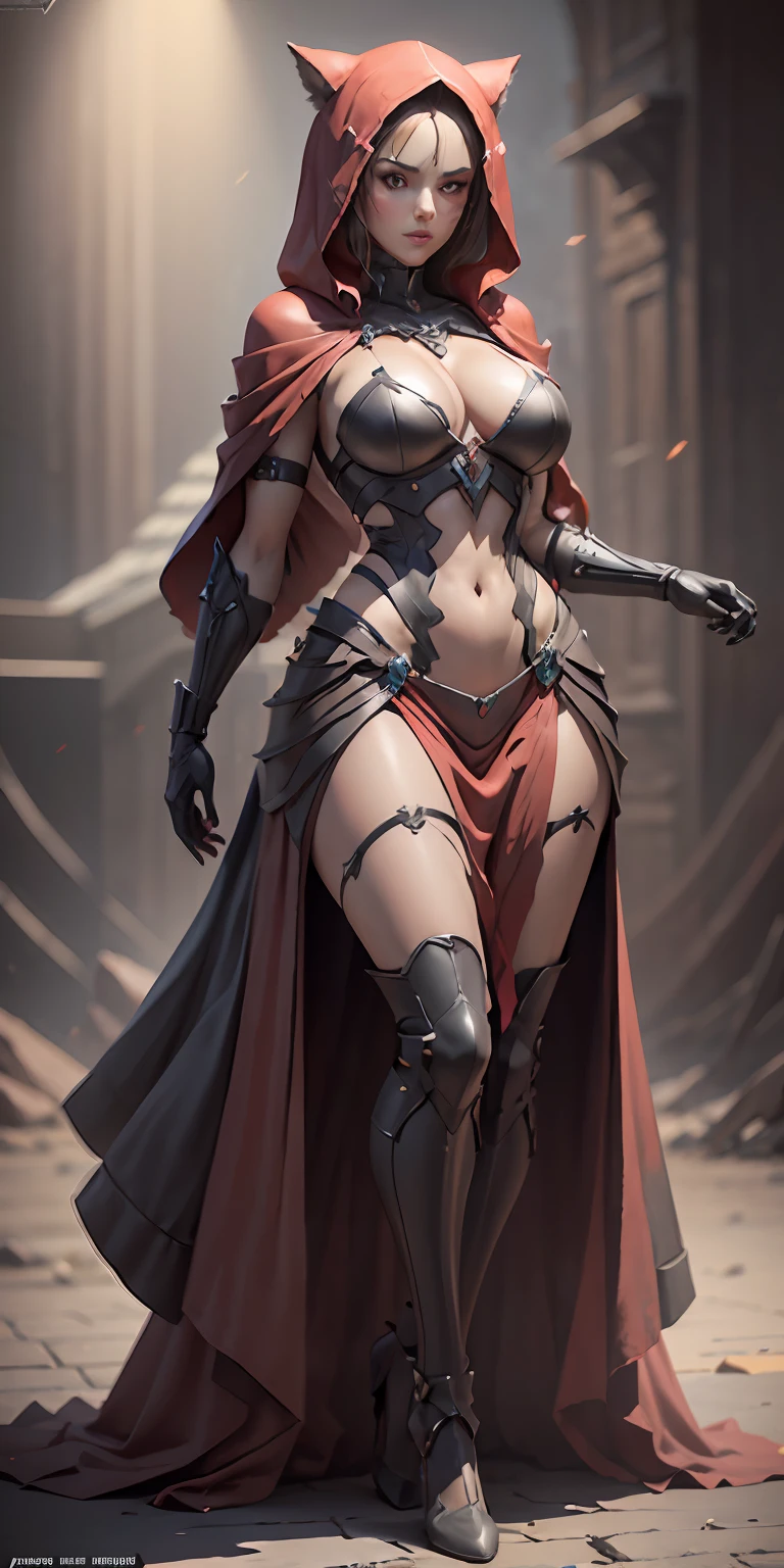 Red Riding Hood and the Big Bad Wolf, big breasts, frontal, full-length, looking at the camera, facing the audience, standing pose, simple background, three-dimensional light, detailed full-body concept, sleek digital concept art, beautiful full-body concept art, art trend, CGsociety full-length,