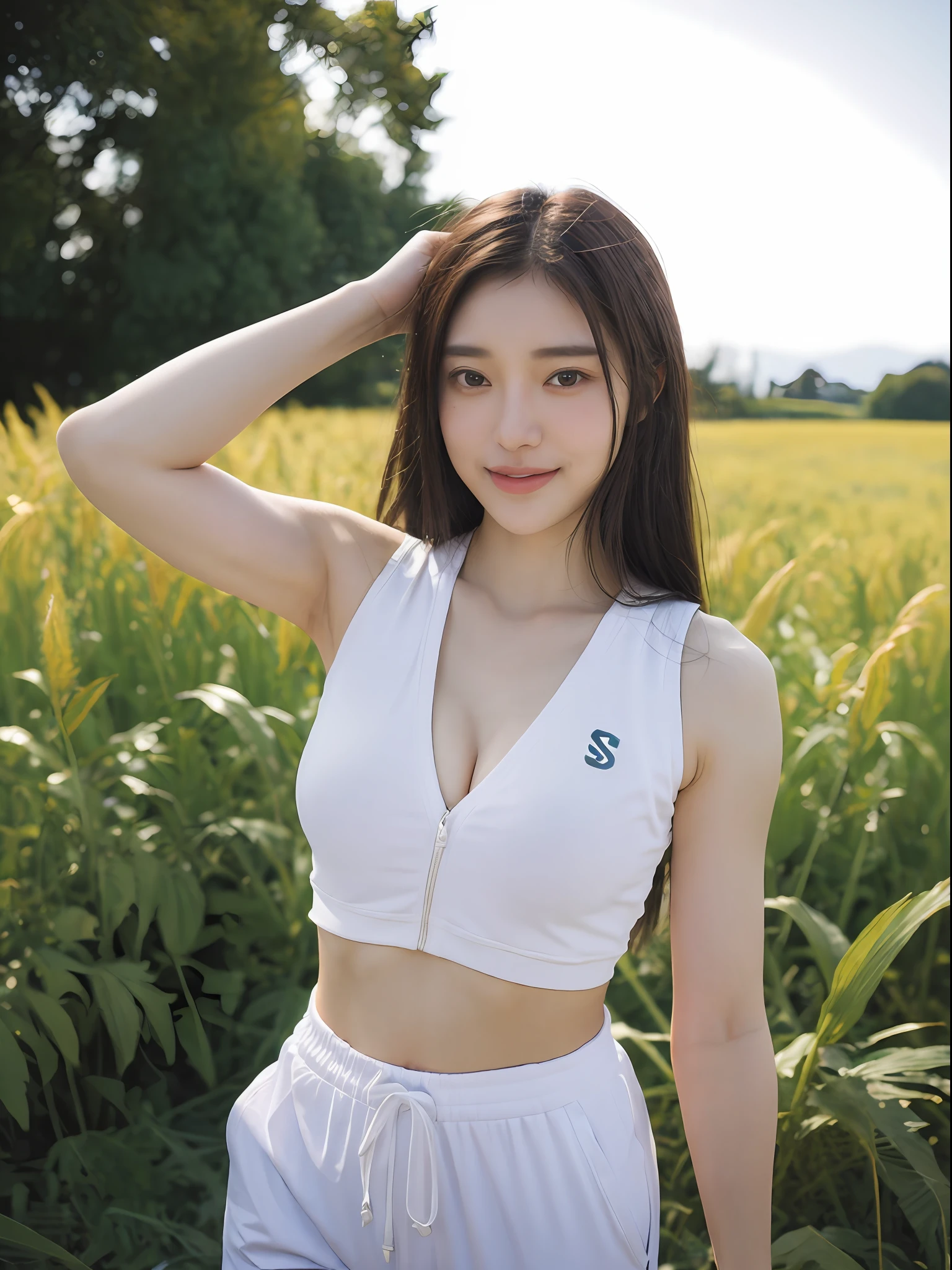 ((Best picture quality, 8K, tmasterpiece:1.3))，((1个Giant Breast Girl))，A small braid，Ultra-fine face，A detailed eye，ssmile，Small chest，Slender abs，Legs are very thin and long，The butt is upturned，((White sports vest，white sweatpants，The background is a sorghum field))，