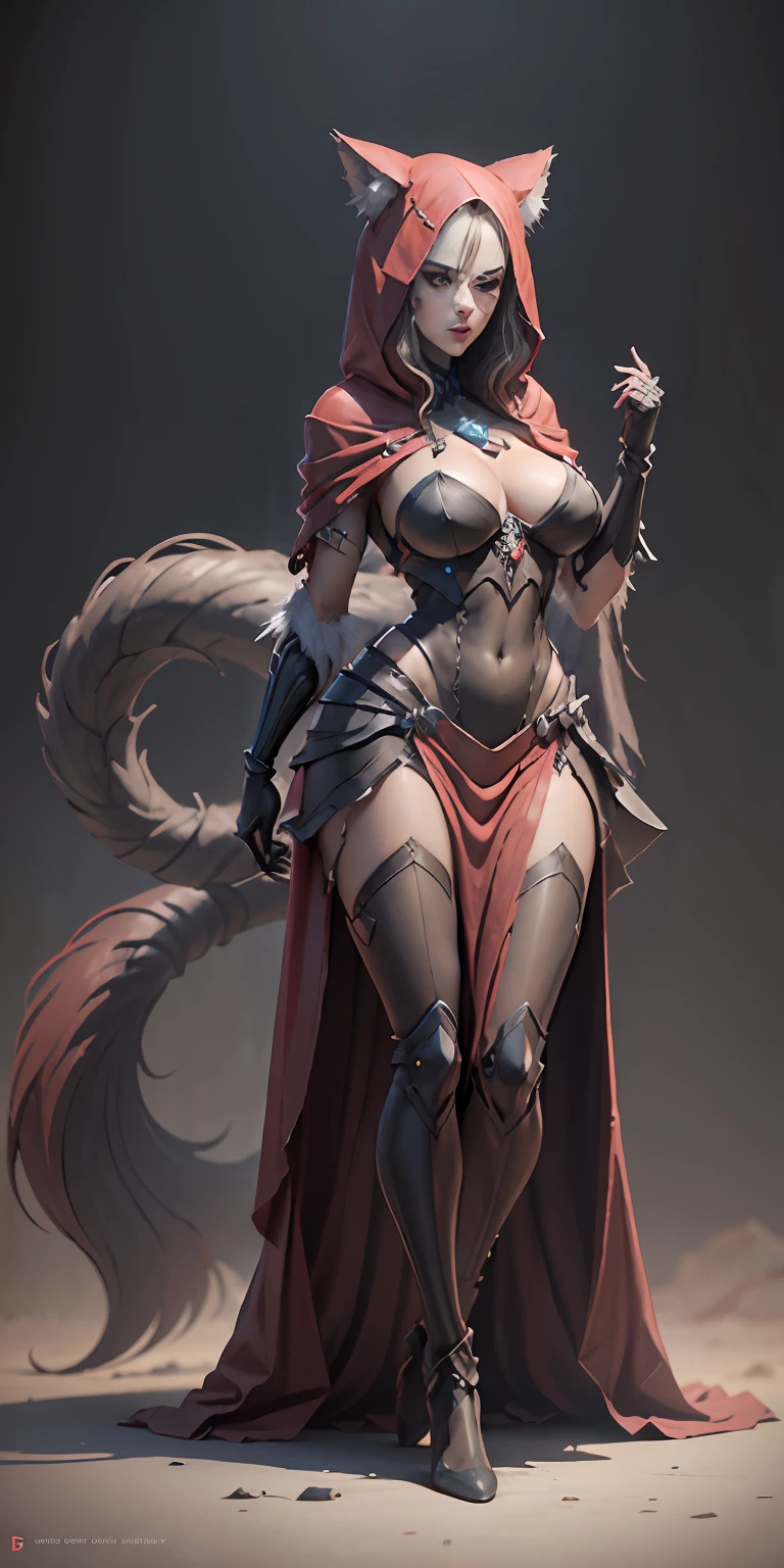 Red Riding Hood becoming the Big Bad Wolf, big breasts, frontal, full-length, looking at the camera, facing the audience, standing pose, simple background, three-dimensional light, detailed full-body concept, sleek digital concept art, beautiful full-body concept art, art trend, CGsociety full-length,