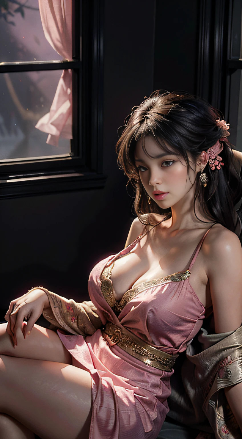 Art is、It depicts an attractive woman in flowing clothes, silky traditional oriental dress, Pink Shawl, Decorated with intricate patterns and bright colors. Her dress drapes elegantly over her curvy figure, accentuating her  silhouette. She gracefully sat by the window, Basking in the soft light of the moonlight on a quiet moonlit night. The scene exudes an ethereal and dreamy atmosphere, with a touch of mystery and sexiness. Graphic style is、Blending watercolor and digital illustration techniques、It evokes a refined beauty and charm. The lights are filled with soft moonlight, Casting soft highlights and shadows on her charming features.  thighs, Wearing tight shorts, , Three-dimensional facial features, Sitting, legs up