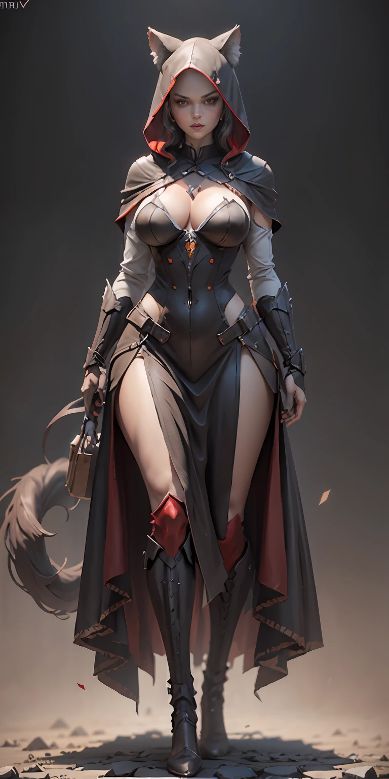 Red Riding Hood becoming the Big Bad Wolf, big breasts, frontal, full-length, looking at the camera, facing the audience, standing pose, simple background, three-dimensional light, detailed full-body concept, sleek digital concept art, beautiful full-body concept art, art trend, CGsociety full-length,