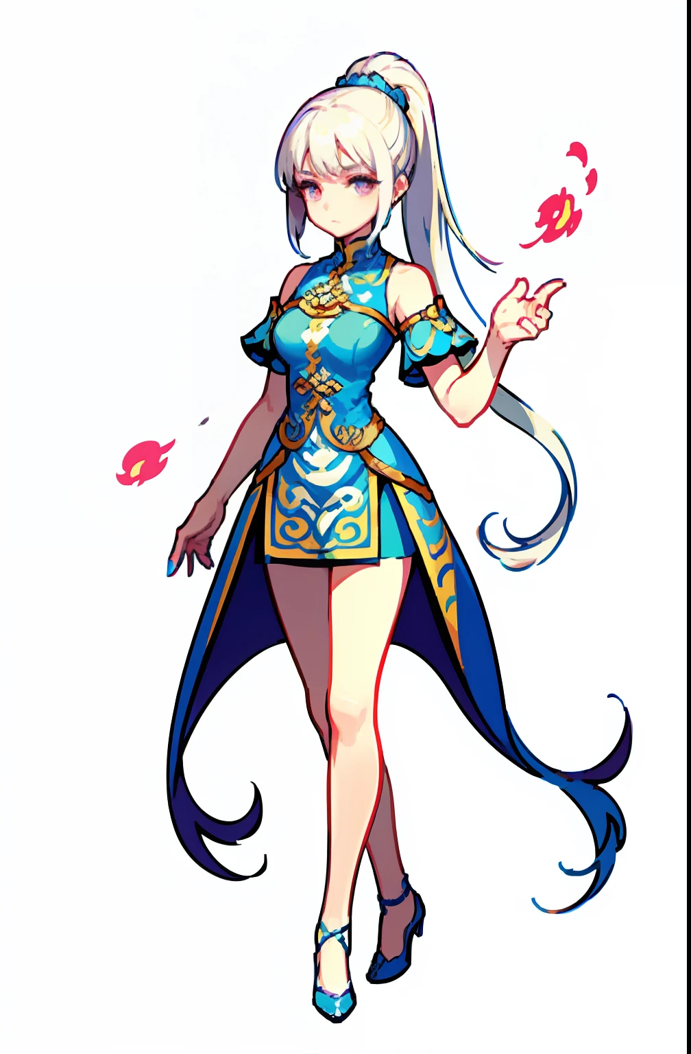 (offcial art：1.5，品质最佳，finedetail)full bodyesbian，Beautiful white girl，Chinese mythology style fantasy world costume，white  skirt，Long, Flowing white hair，Very long ponytail，refined demeanor，A faint sad expression，Heroic，The body is graceful，beautifullegs，perfect bodies，Elegant and flowing。