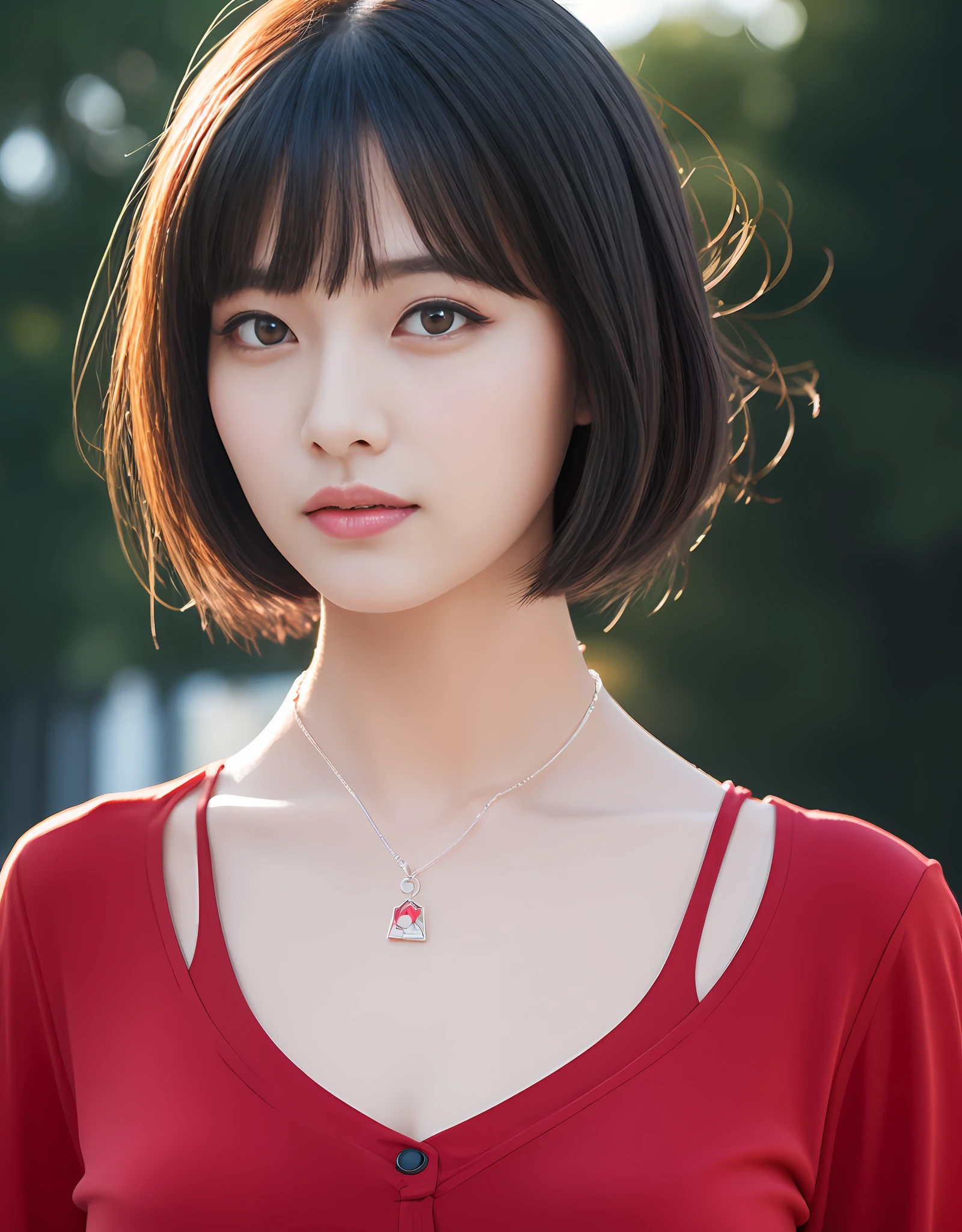 A beautiful Japanese woman's waist up,Has shiny black hair, bangs, Cat-like eyeliner, Wear a red shirt and pendant necklace. (8K, Best quality : 1.2), (Masterpiece, Photorealistic : 1.3), Super detail, Anatomically correct