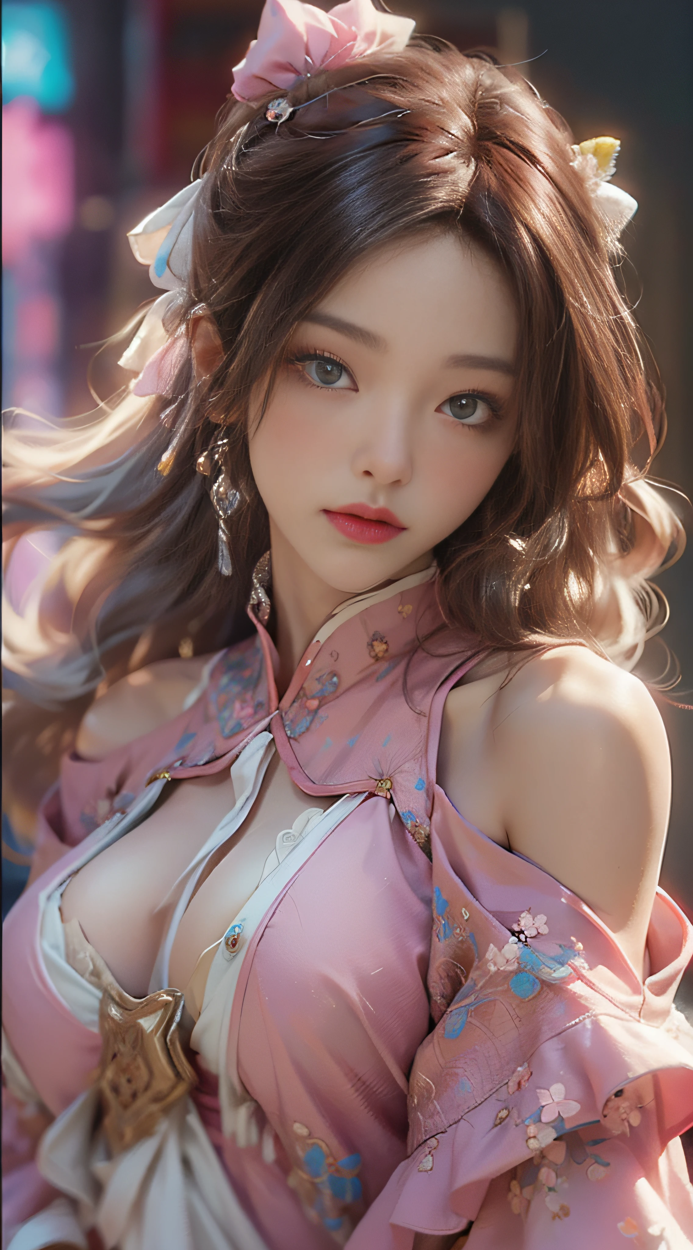 （（best qualtiy））， （（tmasterpiece））， （Detail：1.4）， 3D， Beautiful cyberpunk female images，hdr（HighDynamicRange），Ray traching，NVIDIA RTX，Hyper-Resolution，illusory 5，sub surface scattering，PBR textures，post-proces，Anisotropy Filtering，depth of fields，maximum definition and sharpness，Many-Layer Textures，Albedo e mapas Speculares，Surface Coloring，Mitsu-Accurate simulation of material interactions，perfectly proportioned，rendering by octane，Two-colored light，largeaperture，Low ISO，White balance，Rule three points、8K raw data、Beautiful bright blue pupils，off-the-shoulder clothes，Fine pupils，Delicate face and eyes，long eyelasher，Blushlush，Delicate and fluffy hair，pink lip，Pure，cute big breasts，Sweet girl，Artistic sense，Casual wear，Advancedsense，butterflys，Cherry blossom petal，Beautiful hair accessories，Long hair and waist，Hair fluttering in the wind