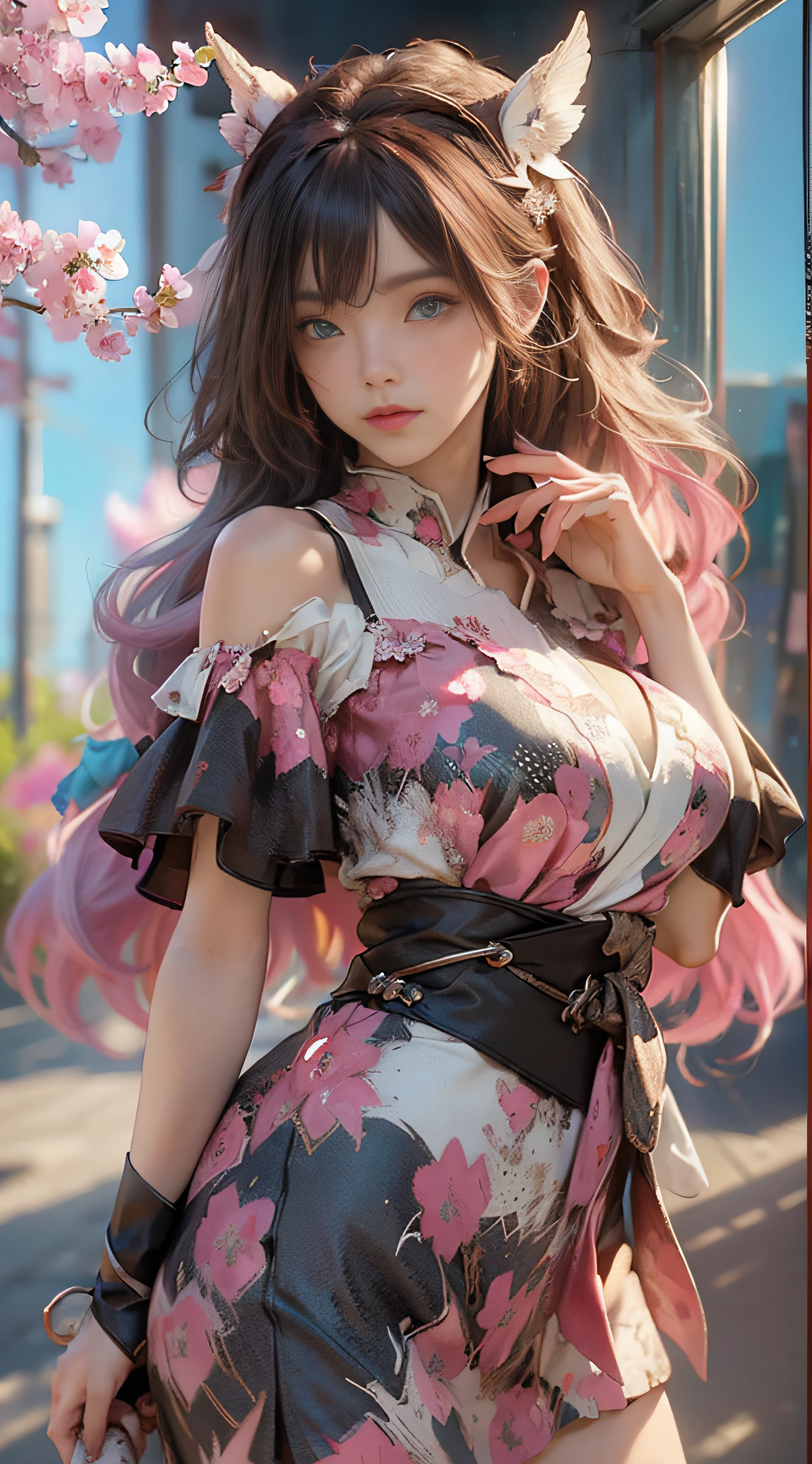 ((best qualtiy)), ((tmasterpiece)), (Detail:1.4), 3D, Beautiful cyberpunk female images,hdr(HighDynamicRange),Ray traching,NVIDIA RTX,Hyper-Resolution,illusory 5,sub surface scattering,PBR textures,post-proces,Anisotropy Filtering,depth of fields,maximum definition and sharpness,Many-Layer Textures,Albedo e mapas Speculares,Surface Coloring,Mitsu-Accurate simulation of material interactions,perfectly proportioned,rendering by octane,Two-colored light,largeaperture,Low ISO,White balance,Rule three points、8K raw data、Beautiful bright blue pupils,off-the-shoulder clothes,Fine pupils,Delicate face and eyes,long eyelasher,Blushlush,Delicate and fluffy hair,pink lip,Pure,cute big breasts,Sweet girl,Artistic sense,Casual wear,Advancedsense,butterflys,Cherry blossom petal,Beautiful hair accessories,Long hair and waist,Hair fluttering in the wind