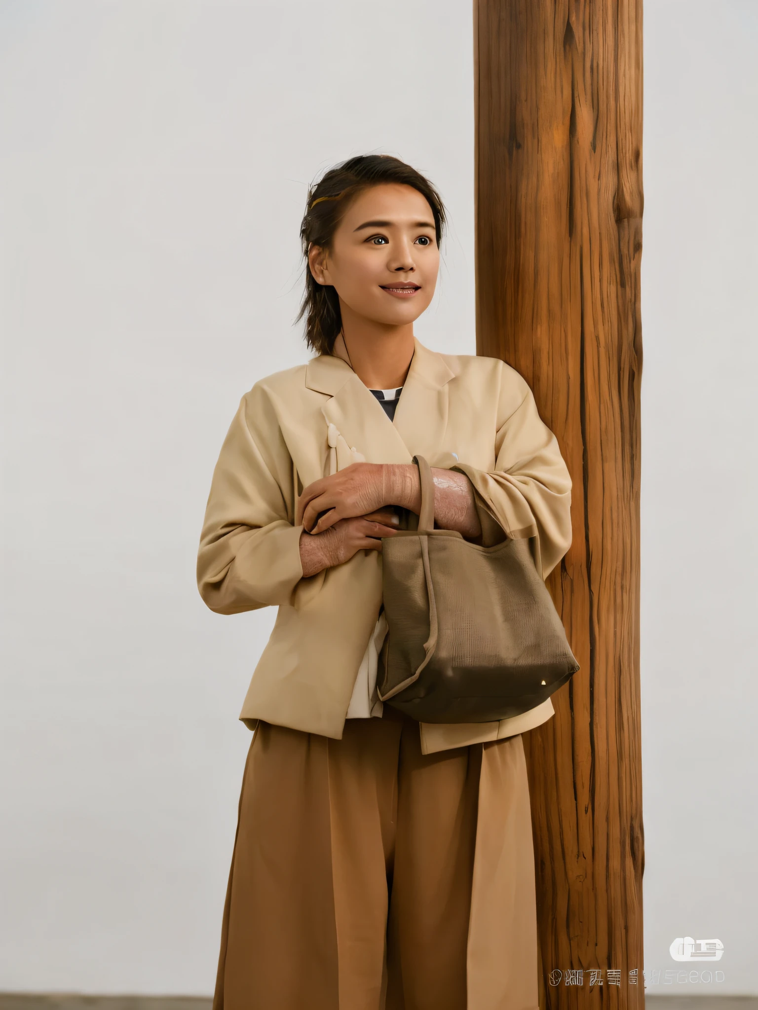 An Arad woman in a tan suit and brown pants stands next to a wooden pole, Portrait of Issey Miyake, Low voltage, inspired by Ruth Jên, author：Tadashi Nakayama, official vuitton editorial, 7 0 years old, 70 years old, lulu chen, holding a gold bag, she is about 7 0 years old，Retina screen，Vertical painting shadows，Perspectiva subjetiva，atmospheric distance sense，hyper HD，Textured skin，HighestQuali，high detal，The eyes are bright and alert，Ray traching，Multiple monochromes，Cinematic lighting effects，Smile confidently，Star temperament --auto