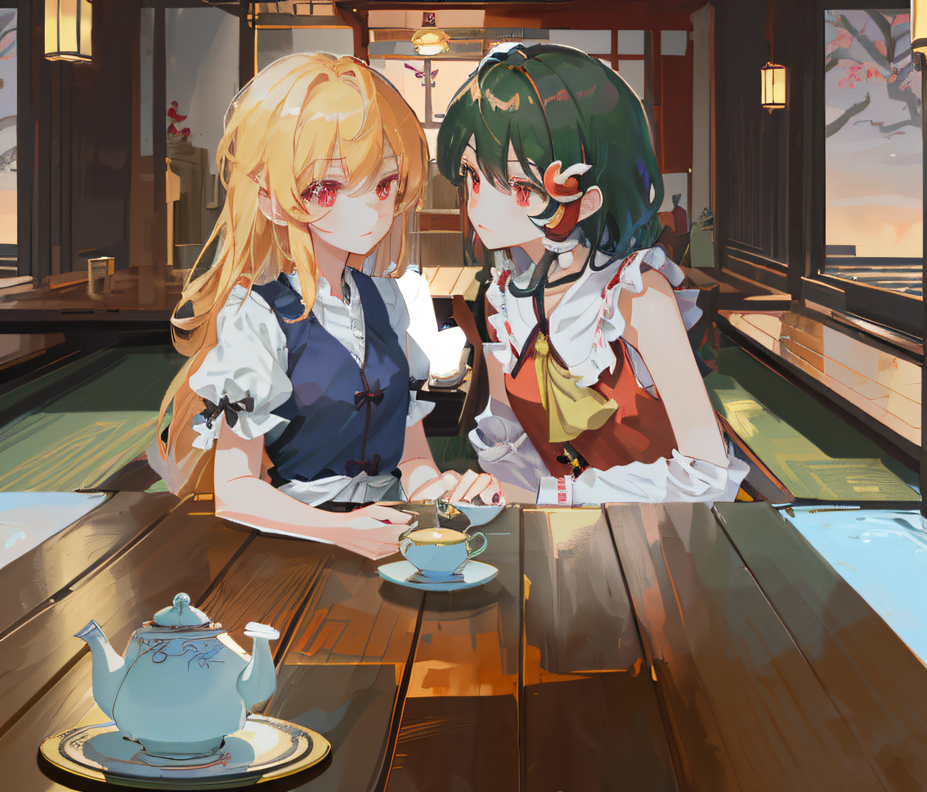 Anime characters sitting at tables,Holding teacup and teapot, Kantai collection style, Is ((drink a tea)), from touhou, Drinking tea, style of anime4 K, Guweiz in Pixiv ArtStation, Guviz-style artwork, Guviz, , touhou project, cushart,tmasterpiece,The work of the master,Rich in detail