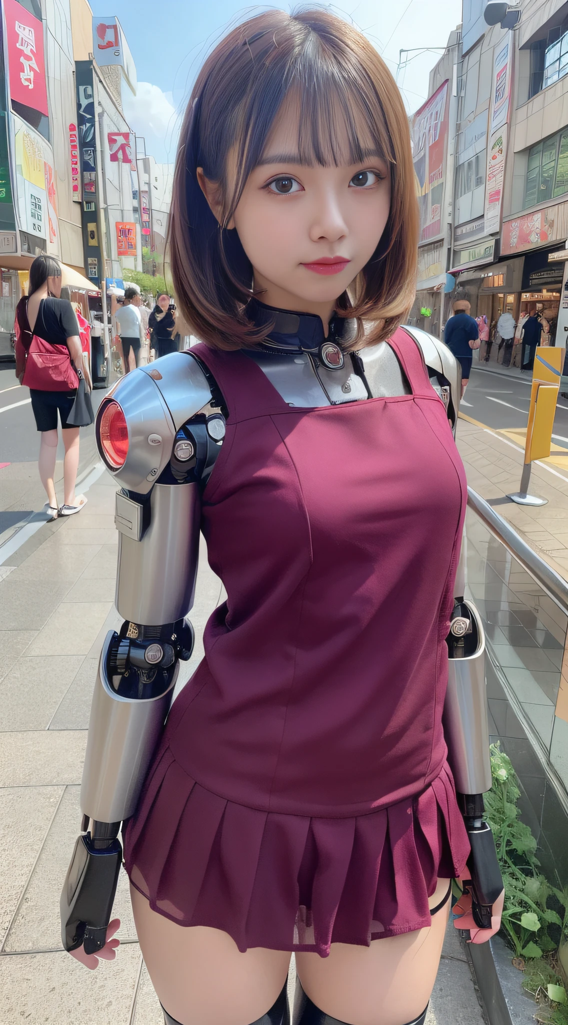 (Photorealsitic:1.4)、Onegirl、(top-quality),(hyperdetailed face)、(Super well-formed face)、((Robot Parts))、(Cyborg girl)、(Burgundy)、(metalic)、(fullllbody)、(Moe Pose)、(Slender body)、(tits out)、(Model body type)、(mecha exposure)、(akihabara)、(is looking at the camera)、(A dark-haired)、(９Head and body)、(a small face)、(Idol)、(front facing)、(is standing)、(Photo session)、(Looks sad)、(Cyborg girl in a see-through blouse)、(sleeve less)、(a miniskirt)
