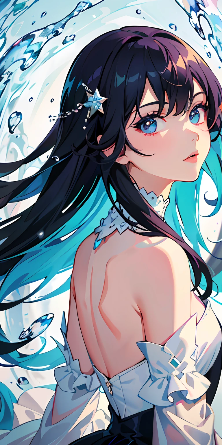 (​masterpiece)、(top-quality)、(ultra-detailliert)、(dishevled hair)、(illustratio)、(1girl in)、(Fashionable clothes)、is standing、Fashion Model、Look back、(interview)、(Brief background)、Beautiful detailed eyes、Delicate beautiful face、floating、(High color saturation)、(colorful water splash)、colorful bubble、(shine)、Focus on Face、Red hair