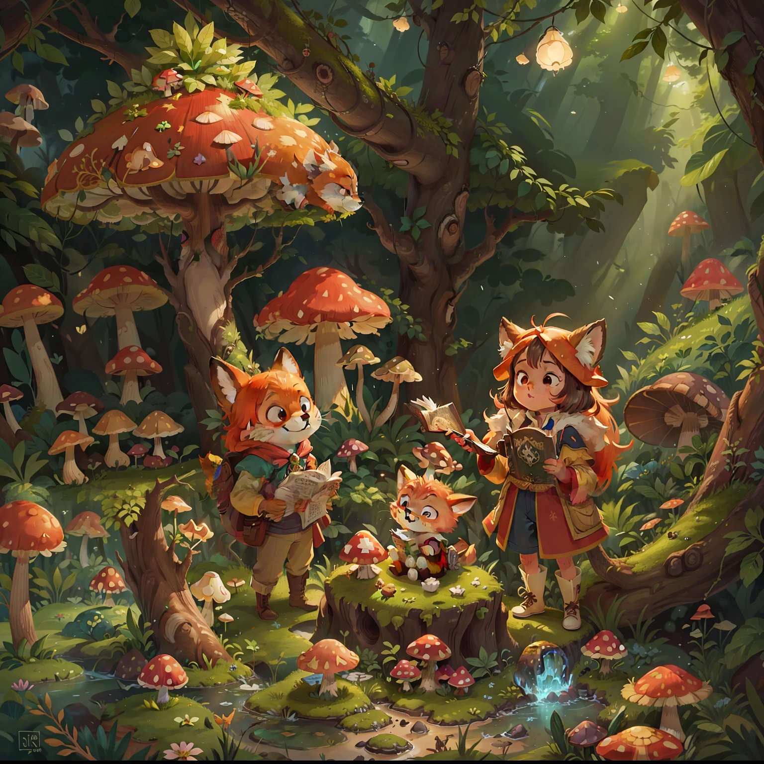 Fairy tale picture book,Aventureiros corajosos,Beautiful enchanted forest,floresta exuberante,Find treasure,mappa,red fox,Huge mushrooms,The sky is filled with magical light,Sparkling gemstones,best qualtiy,Storytelling images,tmasterpiece,