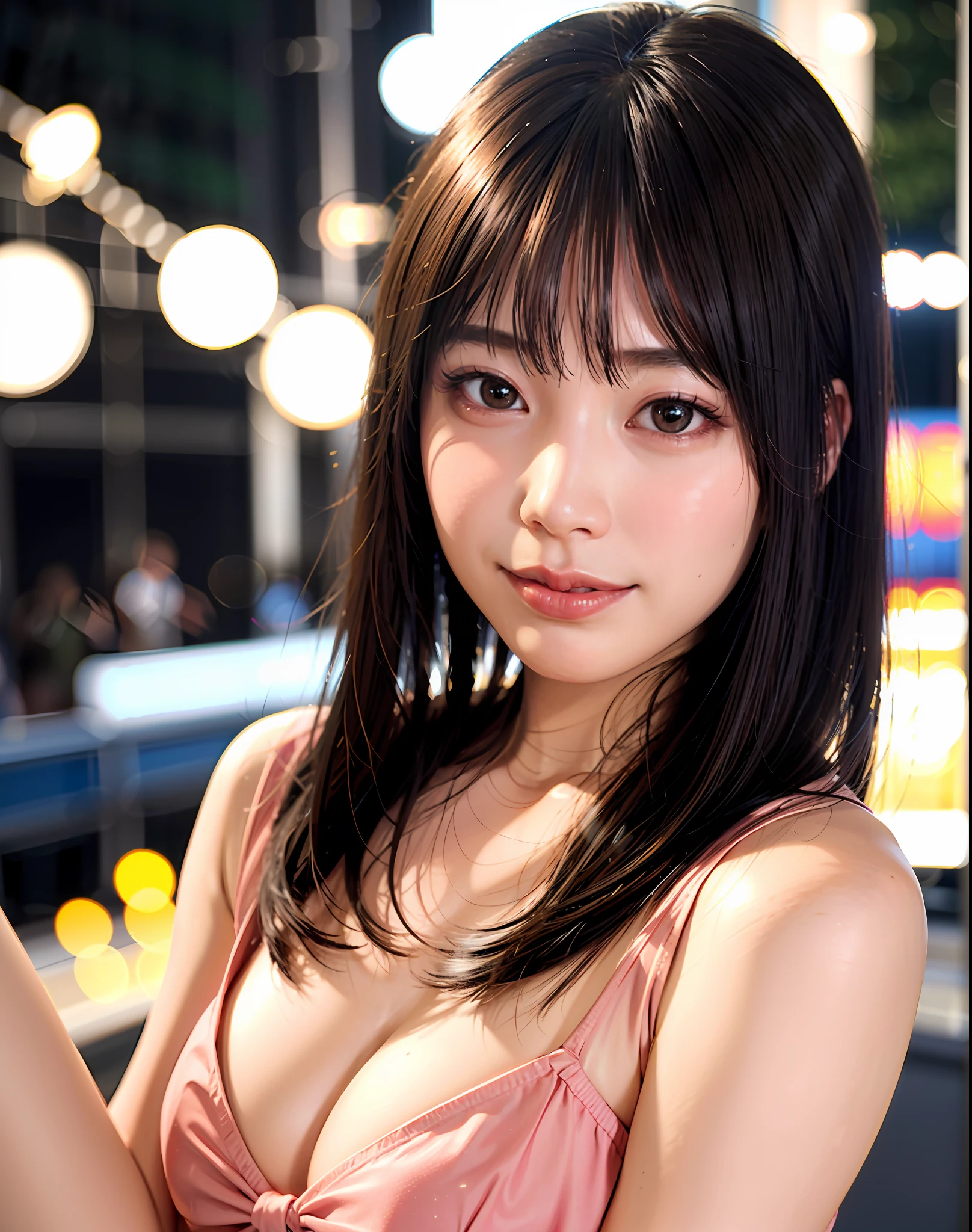 Top Quality, Photorealistic, 8k, High Resolution, Girl, 1 Woman, (Skin Dent), (H Cup Big Breasts), (Cleavage), (Exposure), (Professional Lighting, Bokeh), (Street), (People, Crowd: 0.6), Market, (Night: 1.2), (Gray Hair: 2.0), (Blouse: 1.5), (Portrait: 0.6), Gorgeous, Bloom, (Floating Hair), (Light particles, Lens flare, glowing particles: 0.6), (dynamic pose: 1.2), soft lighting,