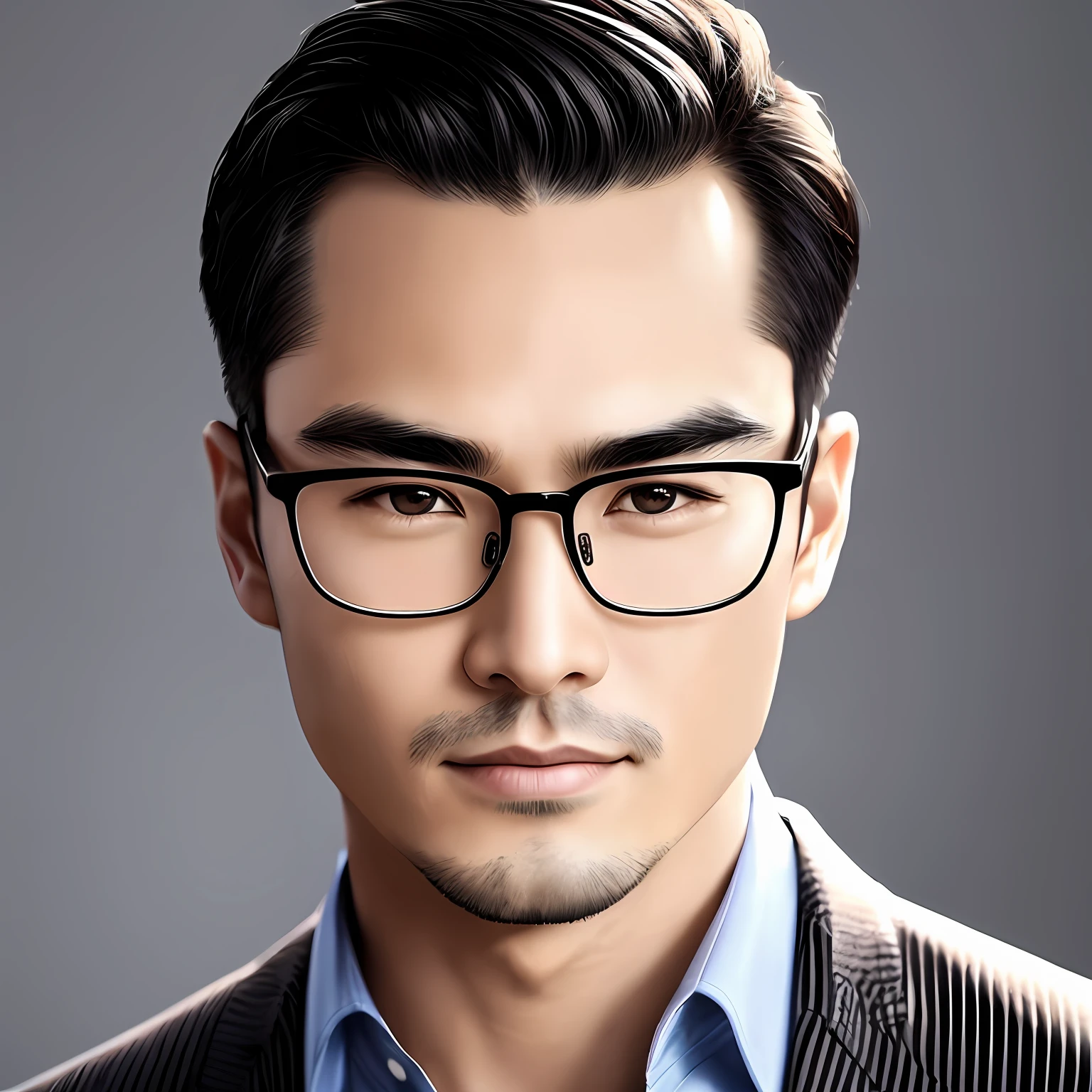 The man in this portrait is about thirty years old,is a modern Chinese,Looks younger than your actual age。he has black hair,Four or six points,Slightly plump。The facial lines are rounded,The forehead is broad,Appears plump。The upper and lower lips are equally rich,In particular, The lower lip is slightly fuller。White complexion,face clean。He's a handsome guy,The eyebrows are a little curved,,The bridge of the nose is straight,A little deep phoenix eye,It reveals a wise look。He gives a sense of sophistication and Sven,Looks like a teacher。He wears a pair of half-rimmed glasses,Exudes the smell of a book,Full of gentlemanly temperament。 without a beard