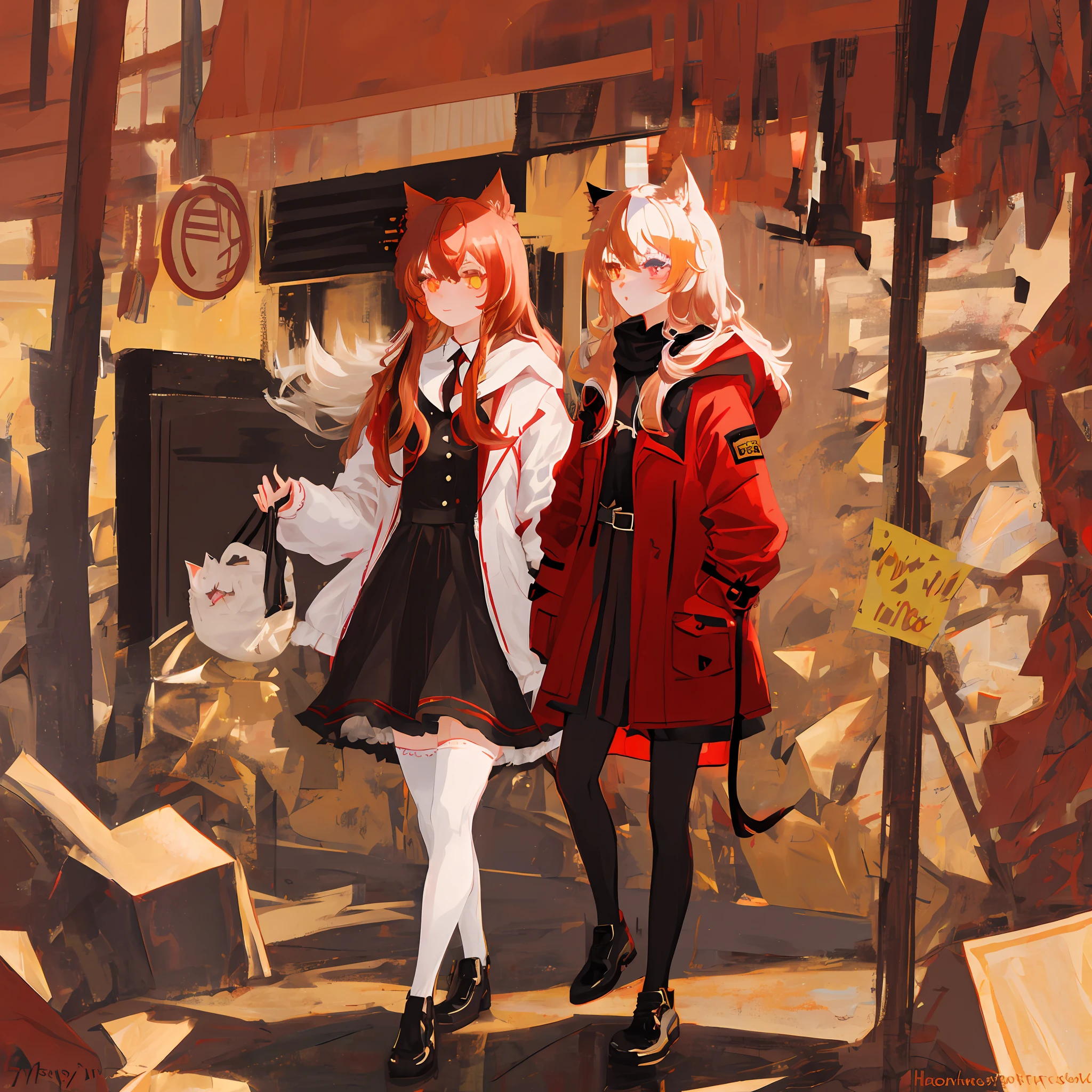 Two-dimensional girl,Long yellow-red hair,Heterochromatic pupil,cat ear,Black and red coat,ta prostitute,white stockings,full bodyesbian