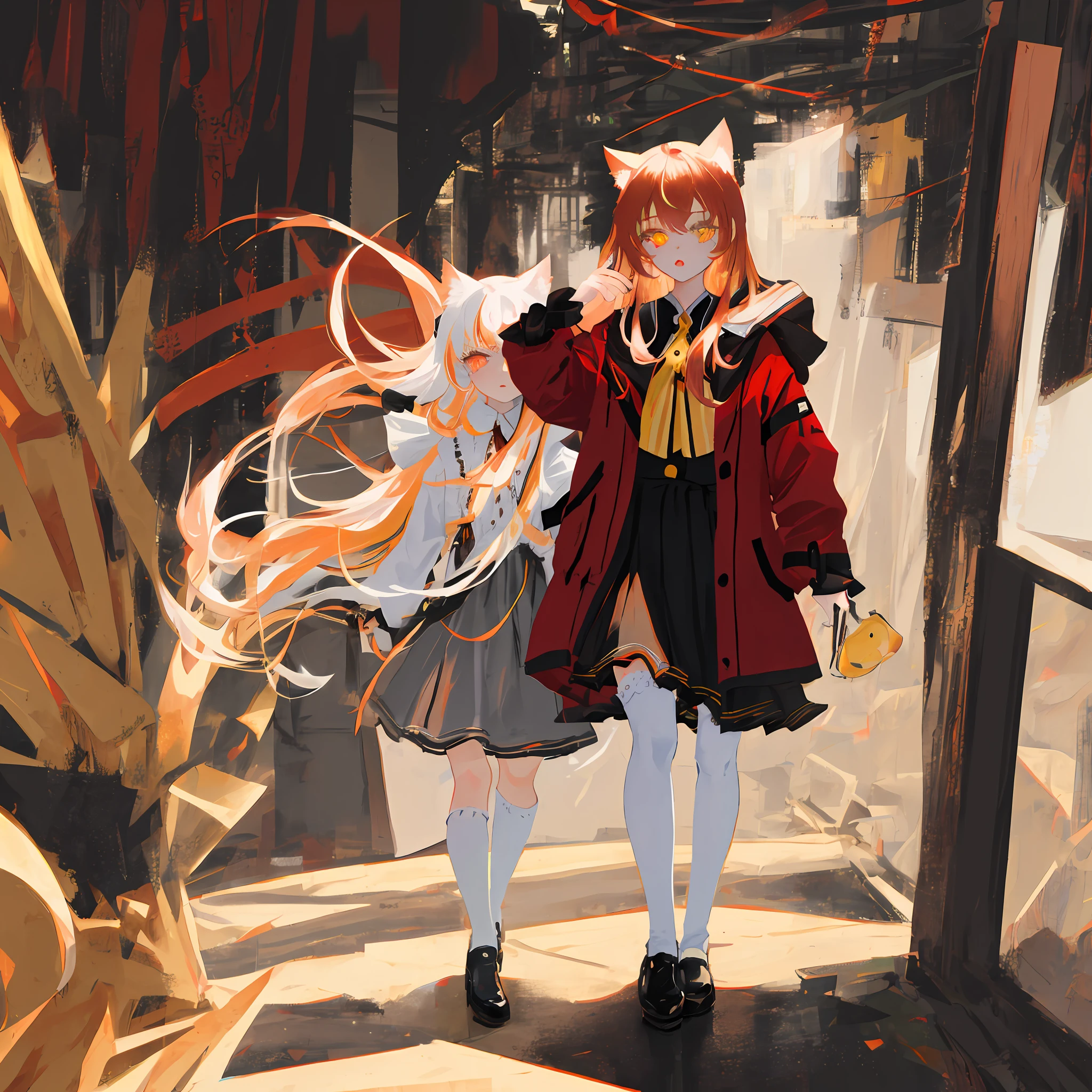 Two-dimensional girl，Long yellow-red hair，Heterochromatic pupil，cat ear，Black and red coat，Lolita prostitute，white stockings，full bodyesbian