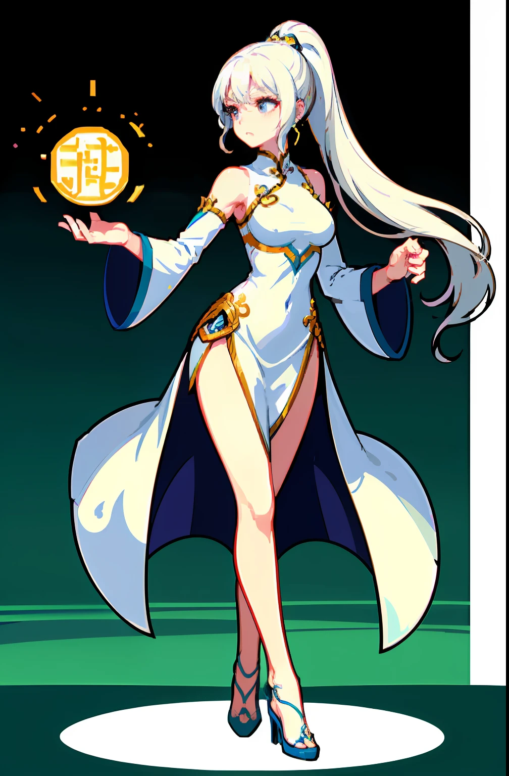 "(offcial art：1.5，品质最佳，finedetail)full bodyesbian，White girl，Chinese mythology style fantasy world costume，Long white dress，Flowing white hair，longponytail，Graceful manners，Light sad expression，Heroic posture，Beautiful curves，beautifullegs，perfect bodies，Elegant and flowing。"